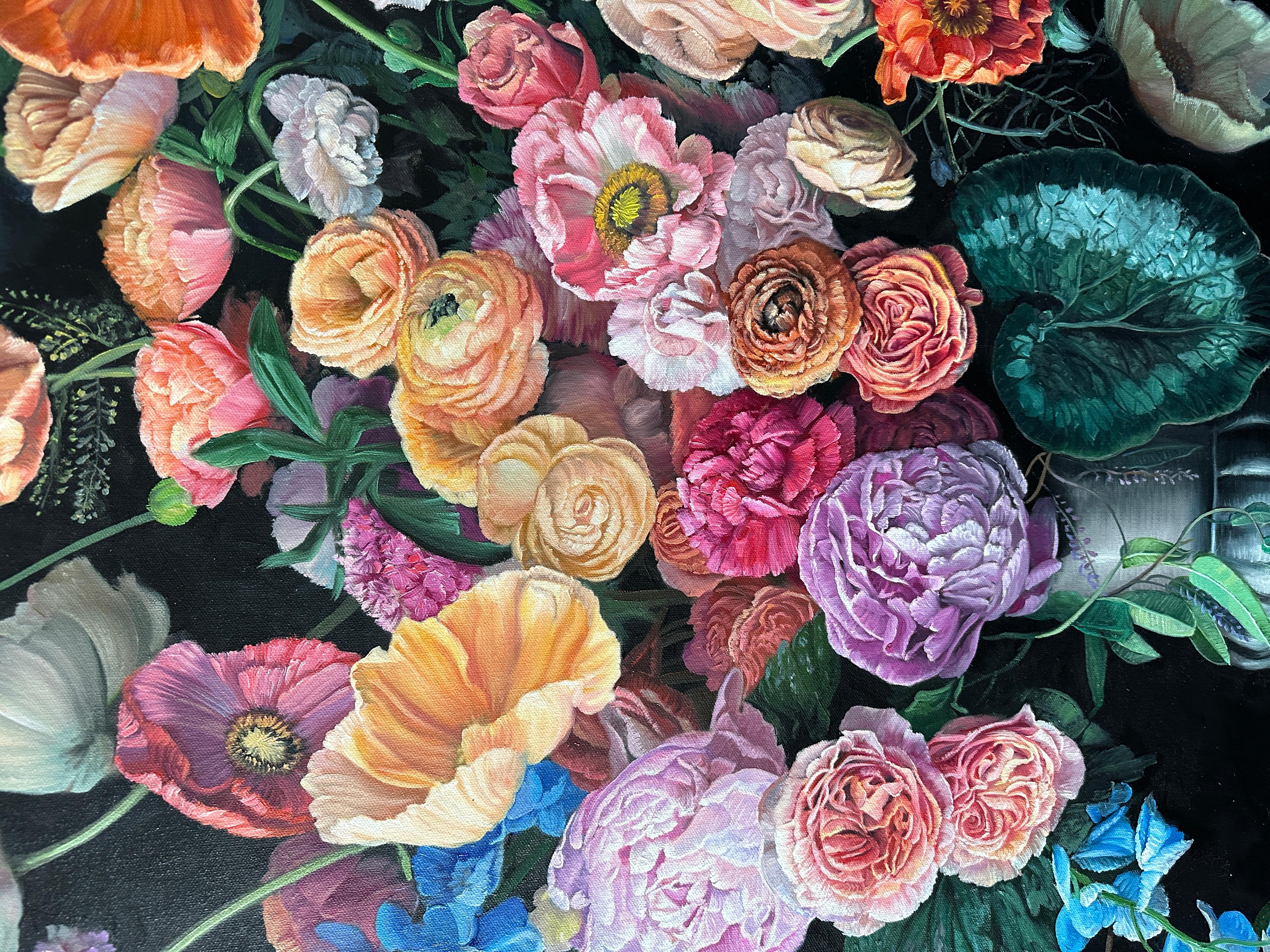 To see a World in a Grain of Sand
And a Heaven in a Wild Flower,
Hold Infinity in the palm of your hand 
And Eternity in an hour.
This is a beautiful large botanical oil painting of an array of flowers in a vase.
Contemporary painting full of