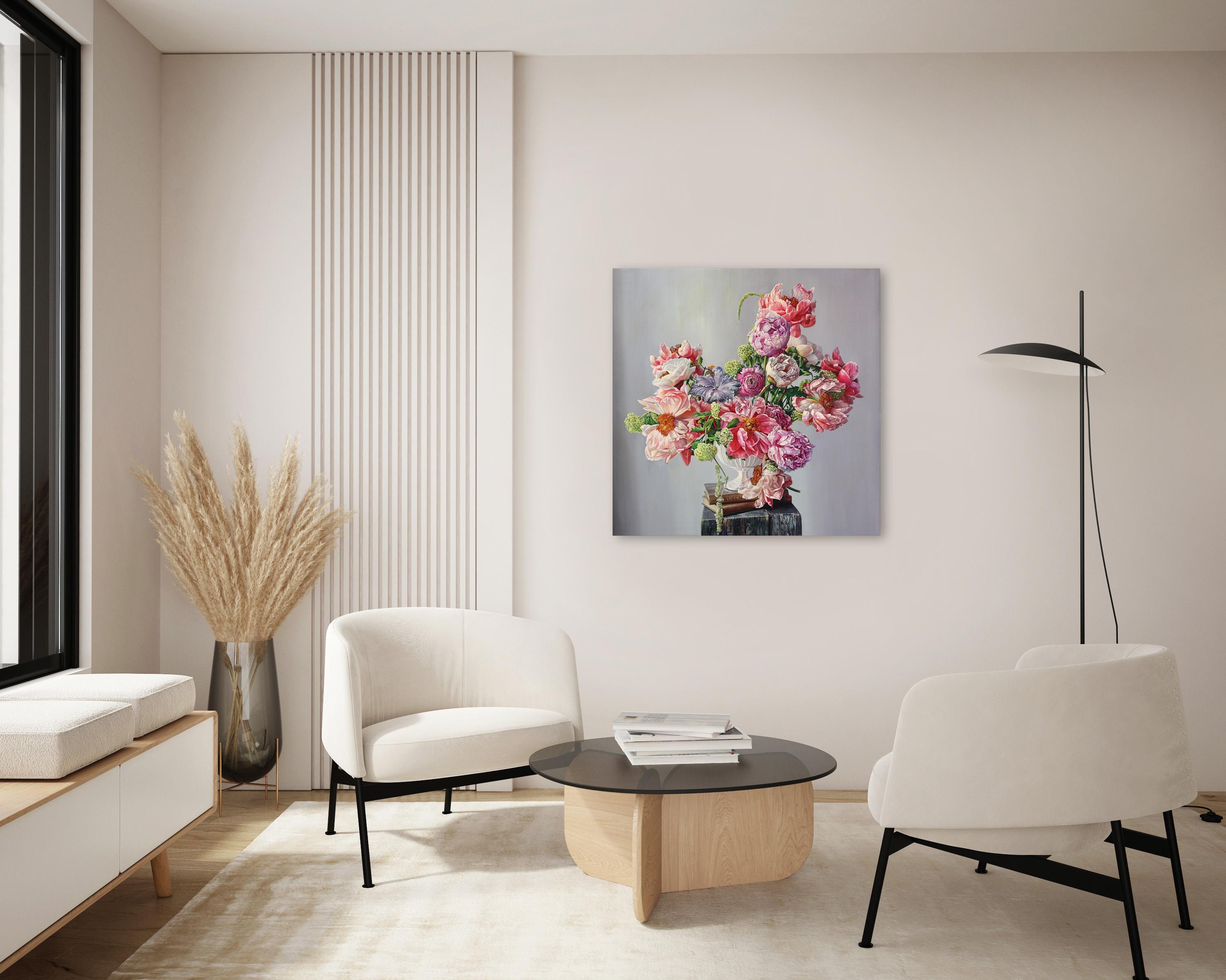 Heaven In A Wildflower - Soft Floral Still Life Hyperrealist Oil Painting - Gray Figurative Painting by Katharina Husslein