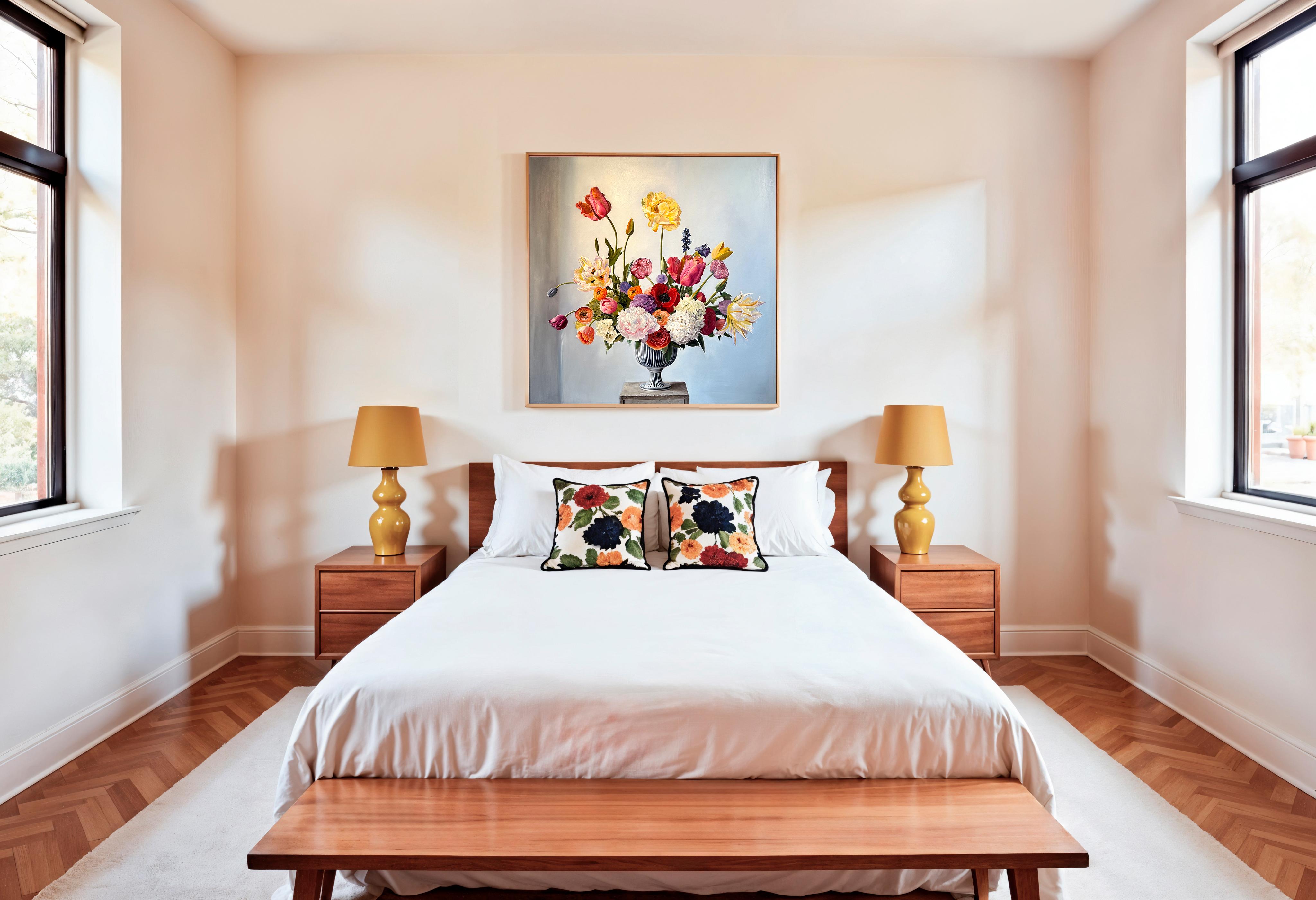 Title: 'I love thee to the depth and breadth and height My soul can reach'

This is a beautiful oil painting of an array of flowers in a vase in front of a dark background.
Reminding us of old master paintings, this is a brand new painting full