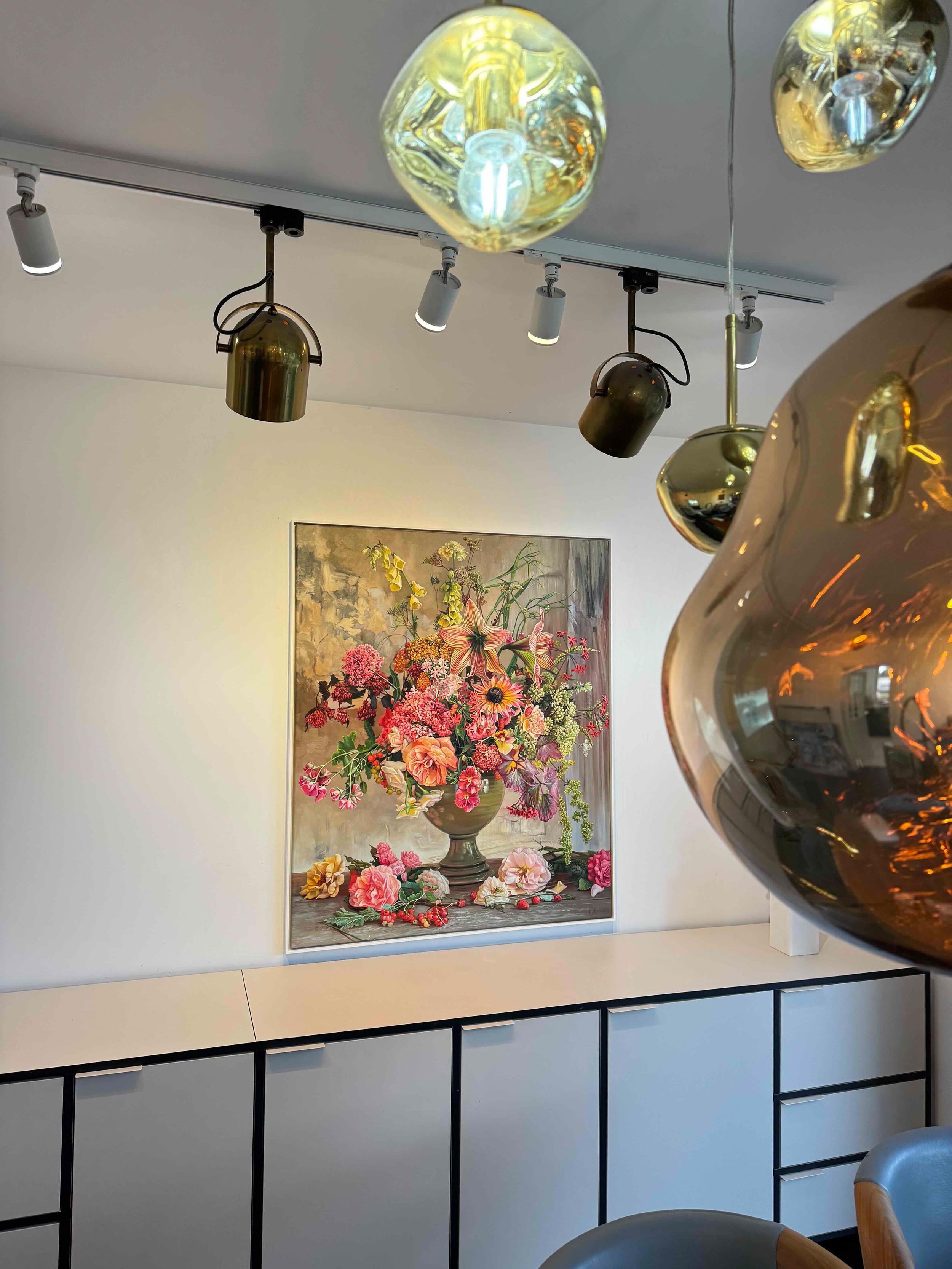 Title: I seem to have loved you in numberless forms 

This is a beautiful oil painting of an array of flowers in a vase in front of a dark background.
Reminding us of old master paintings, this is a brand new painting full elegance and timeless