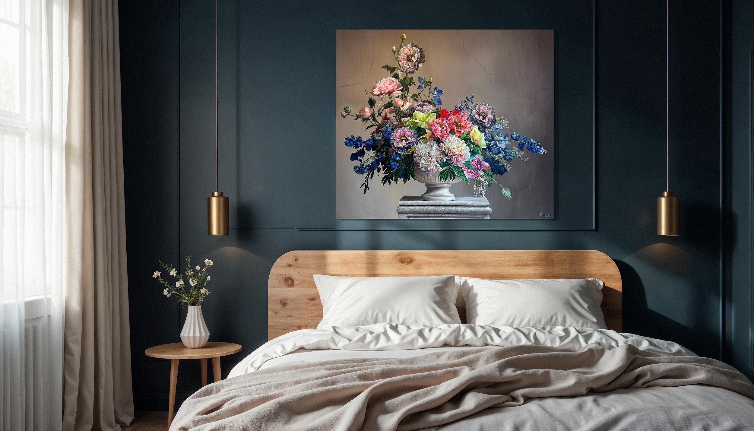 This is a beautiful oil painting of an array of flowers in a vase in front of a dark background.
Reminding us of old master paintings, this is a brand new painting full elegance and timeless elegance.
The botanical paintings by Katharina Husslein