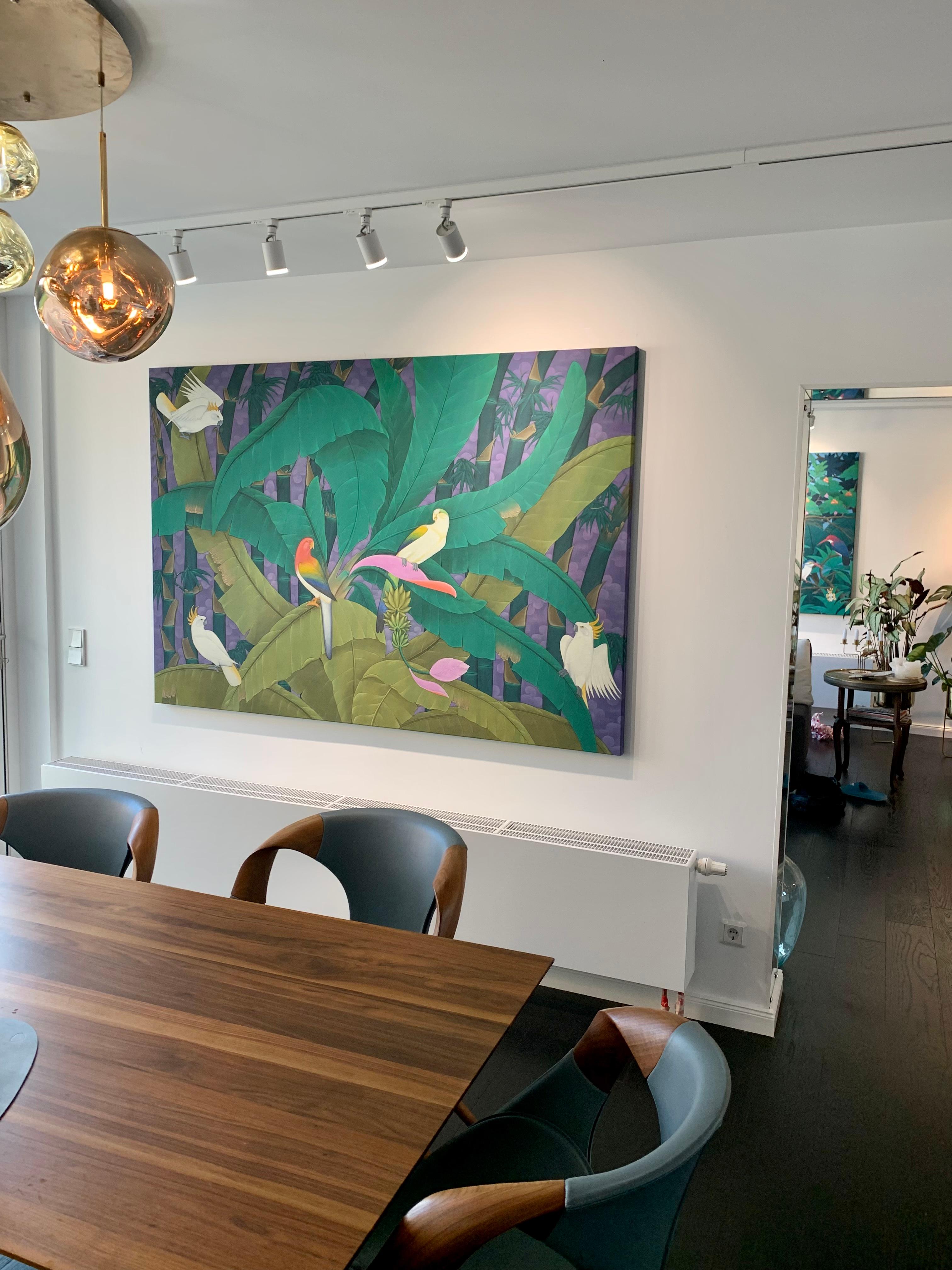 In the Rainforest is a beautiful large painting 200 x 142 cm full of color and light. 
Birds are sitting on the branches and flying through the Bambus trees. 
