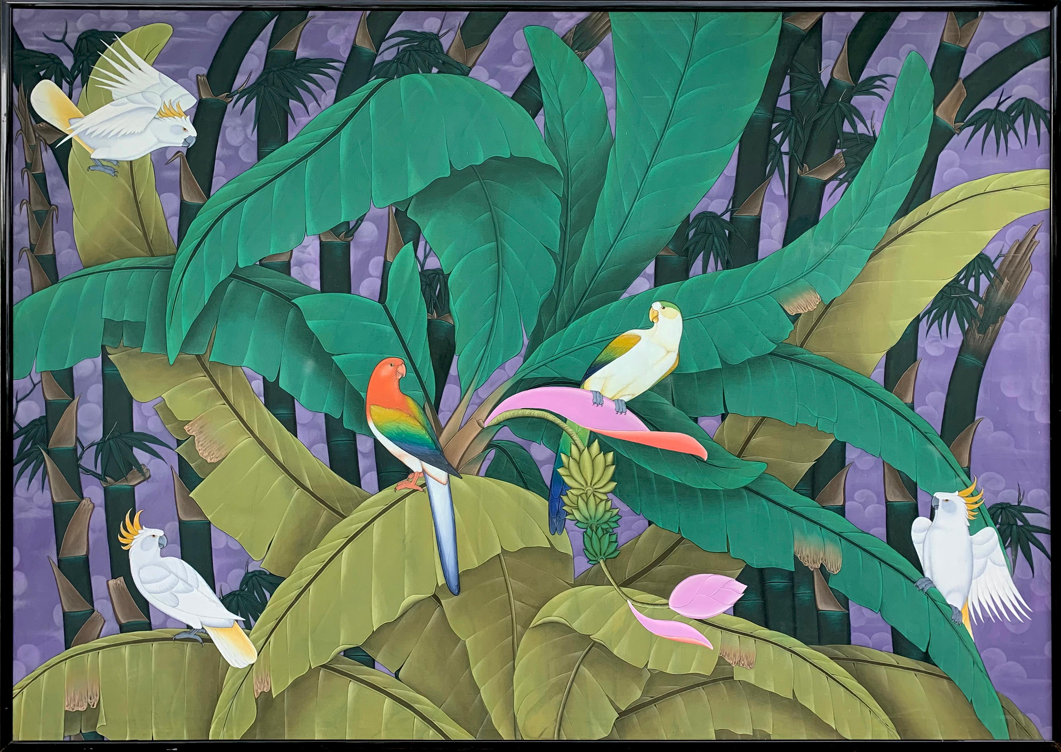 In the Rainforest is a beautiful large painting 200 x 142 cm full of color and light. 
Birds are sitting on the branches and flying through the Bambus trees. 
About the Gallery:
Folly and Muse was established in 2015 in London to find and