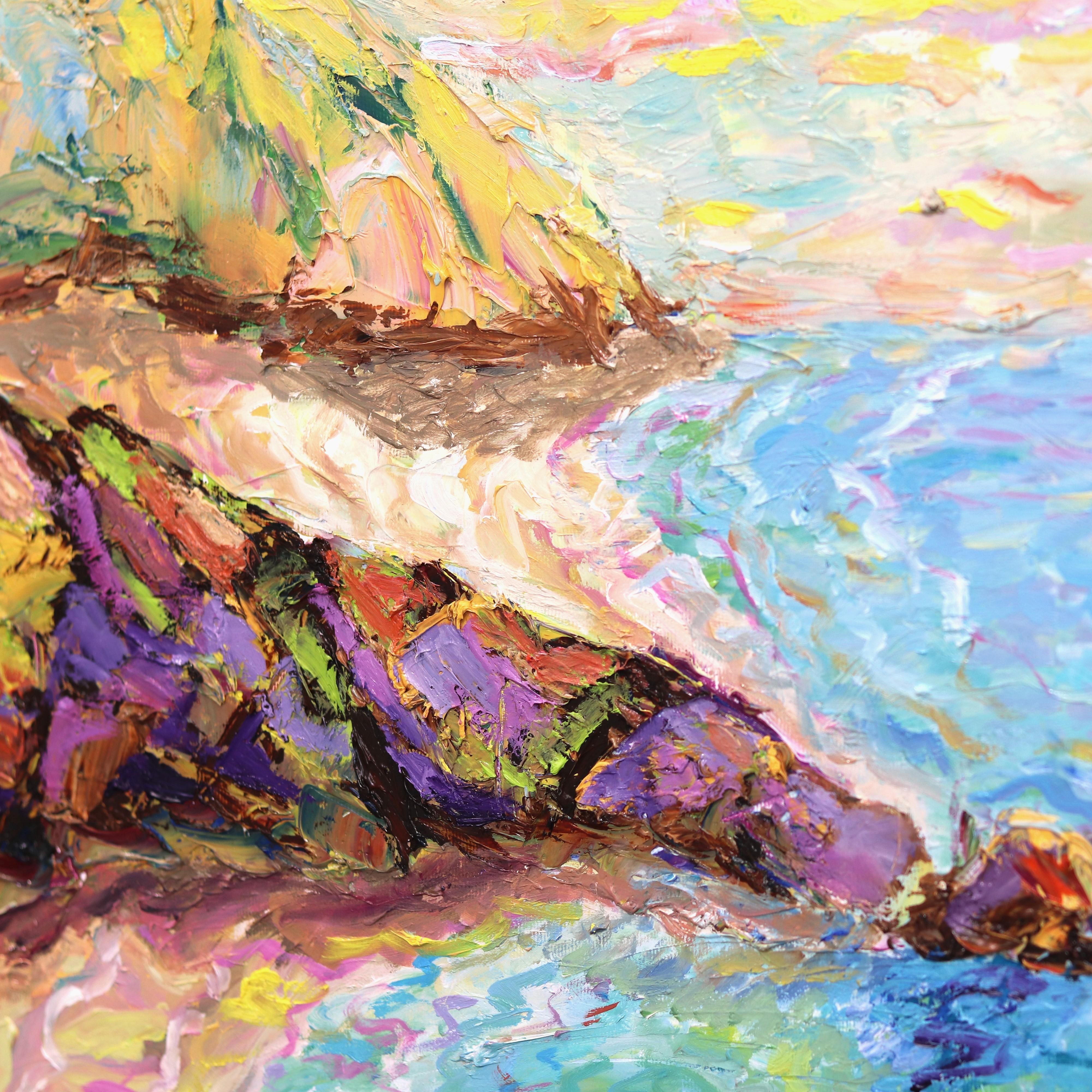 Felicità immateriale - Pittura ad olio di paesaggio impressionista con texture in riva all'oceano in vendita 4