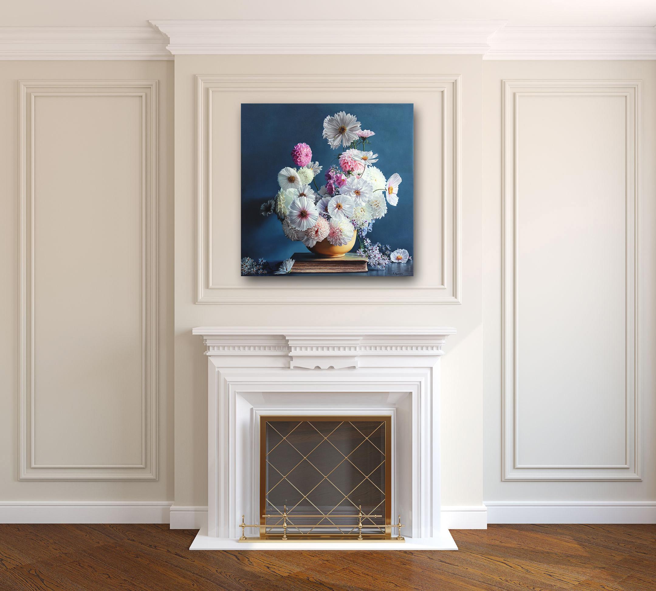 Live By Love - Colorful Moody Floral Botanical Still Life Oil Painting on Canvas - Purple Still-Life Painting by Katharina Husslein