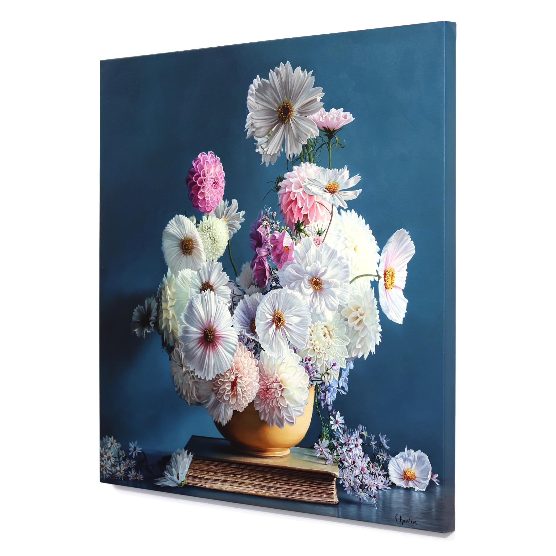 Live By Love - Colorful Moody Floral Botanical Still Life Oil Painting on Canvas For Sale 1