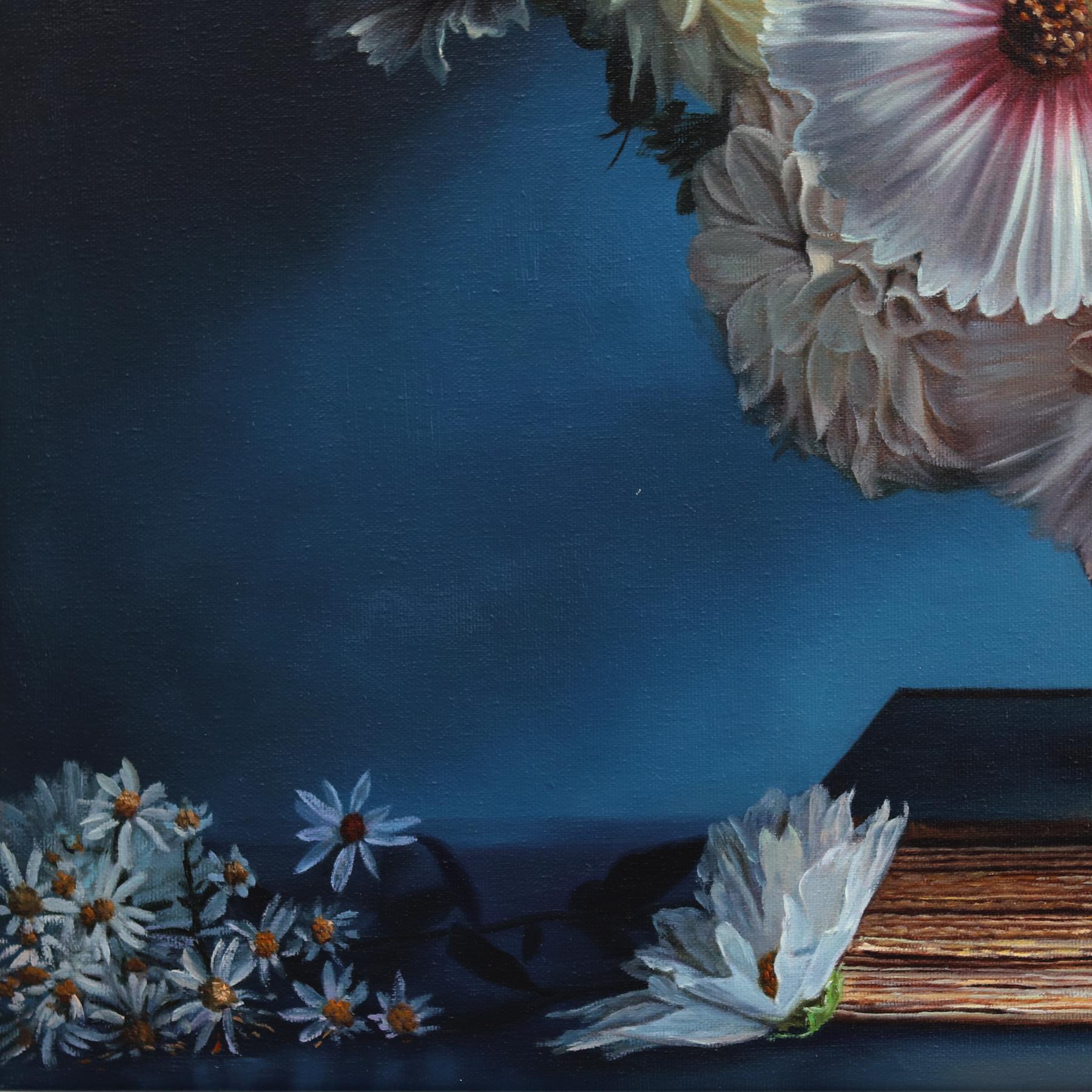 Live By Love - Colorful Moody Floral Botanical Still Life Oil Painting on Canvas For Sale 4