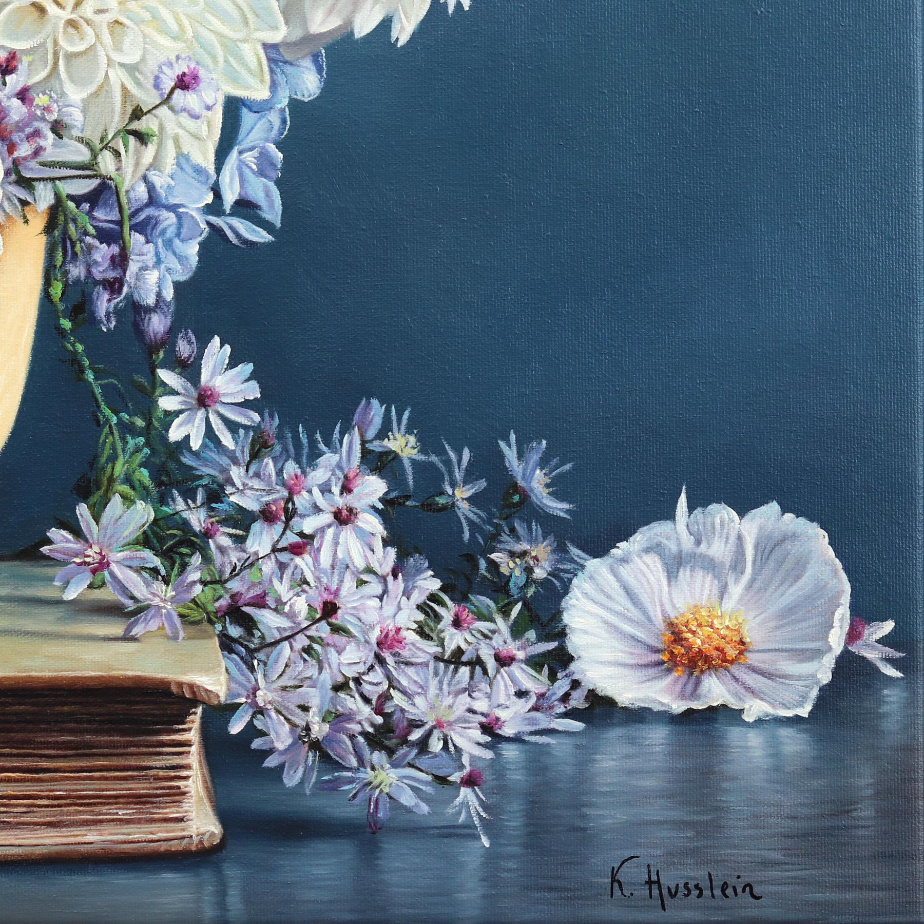 Live By Love - Colorful Moody Floral Botanical Still Life Oil Painting on Canvas For Sale 5