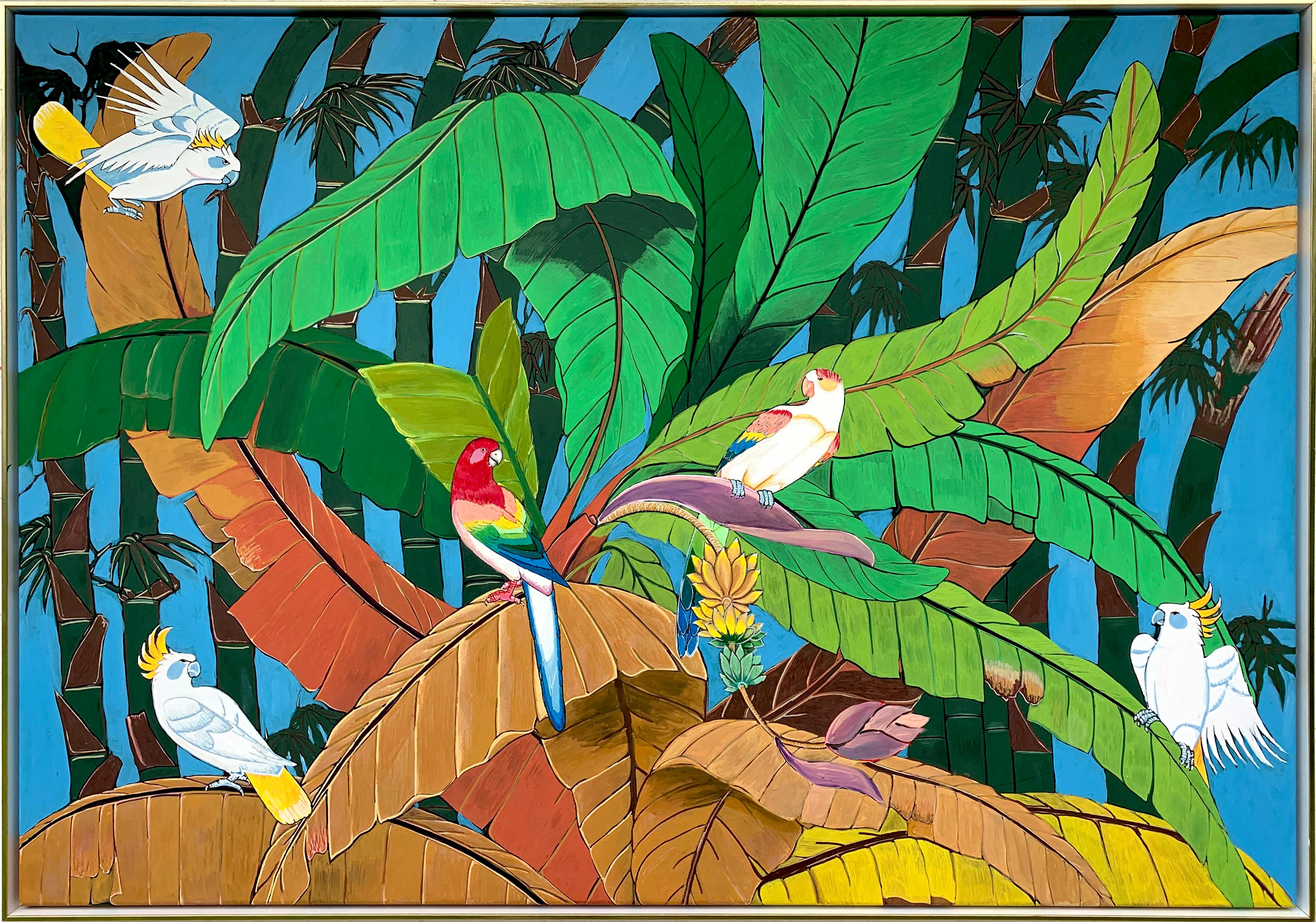 Love against all odds is a beautiful painting of 80 x 115 cm full of vibrant colors. 
Different birds with orange and yellow are sitting on jungle trees, looking at each other, while 3 other birds are flying around them looking at the pair in the