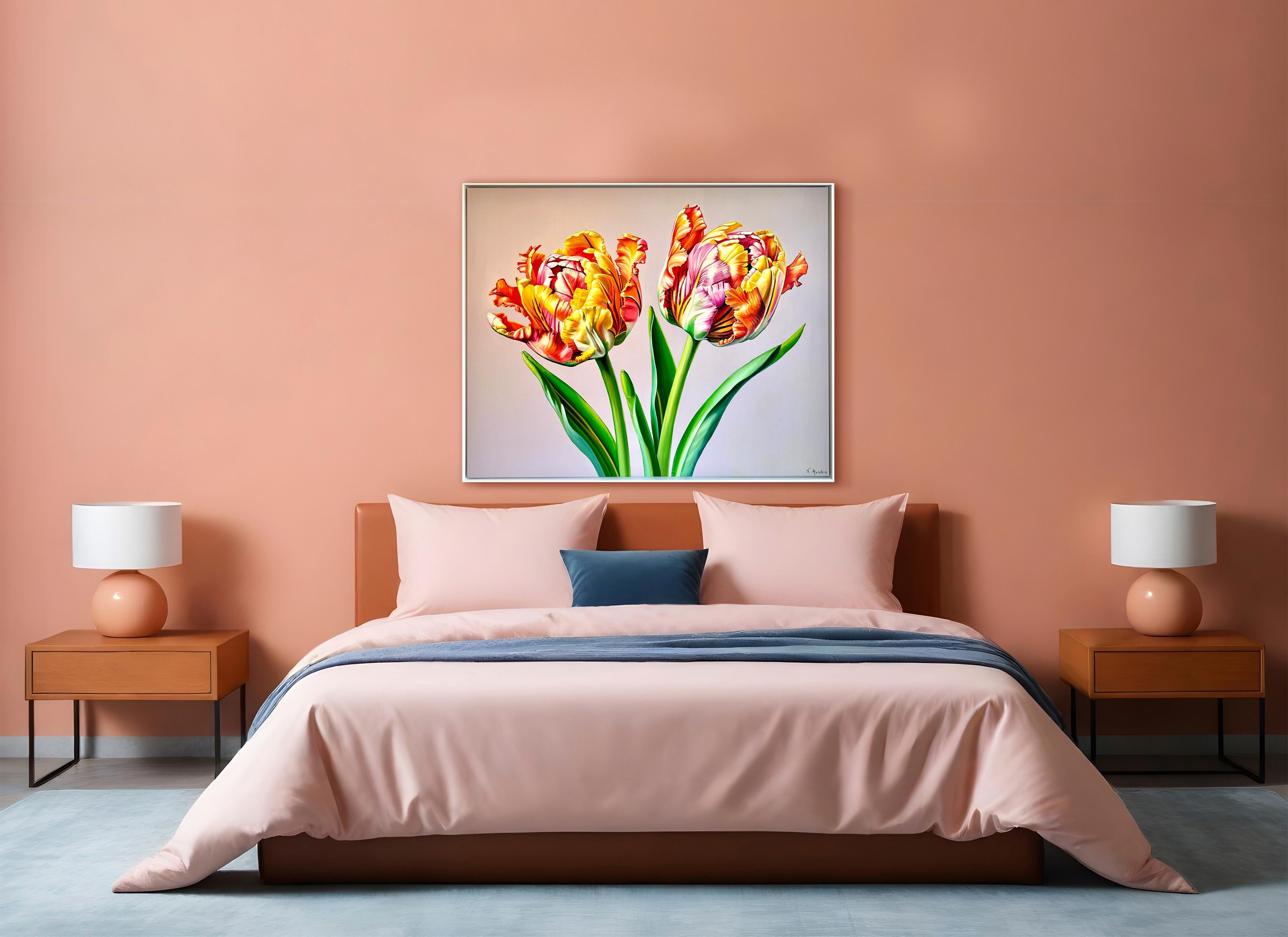 Se trata de un hermoso óleo de un conjunto de flores en un jarrón frente a un fondo oscuro.
Nos recuerda a los cuadros de los antiguos maestros, pero es un cuadro totalmente nuevo, lleno de elegancia e intemporalidad.
Las pinturas botánicas de