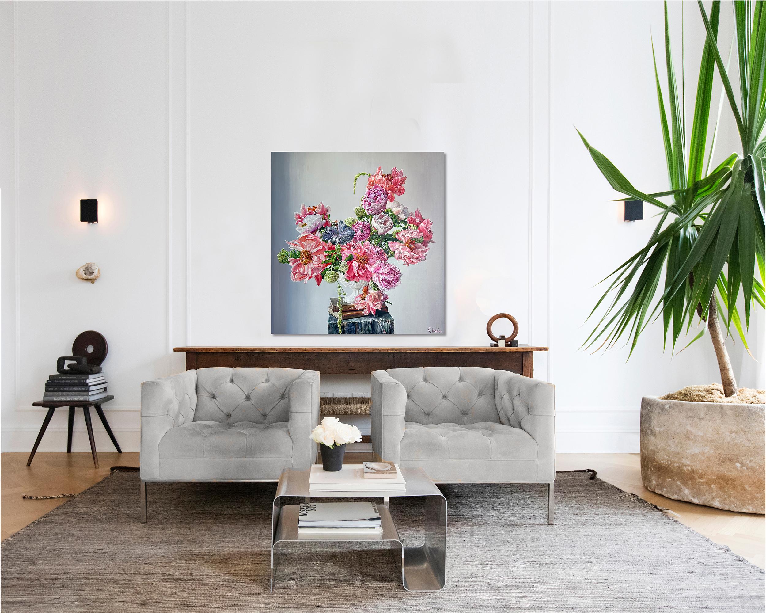 Se trata de un hermoso �óleo de un conjunto de flores en un jarrón frente a un fondo oscuro.
Nos recuerda a los cuadros de los antiguos maestros, pero es un cuadro totalmente nuevo, lleno de elegancia e intemporalidad.
Las pinturas botánicas de