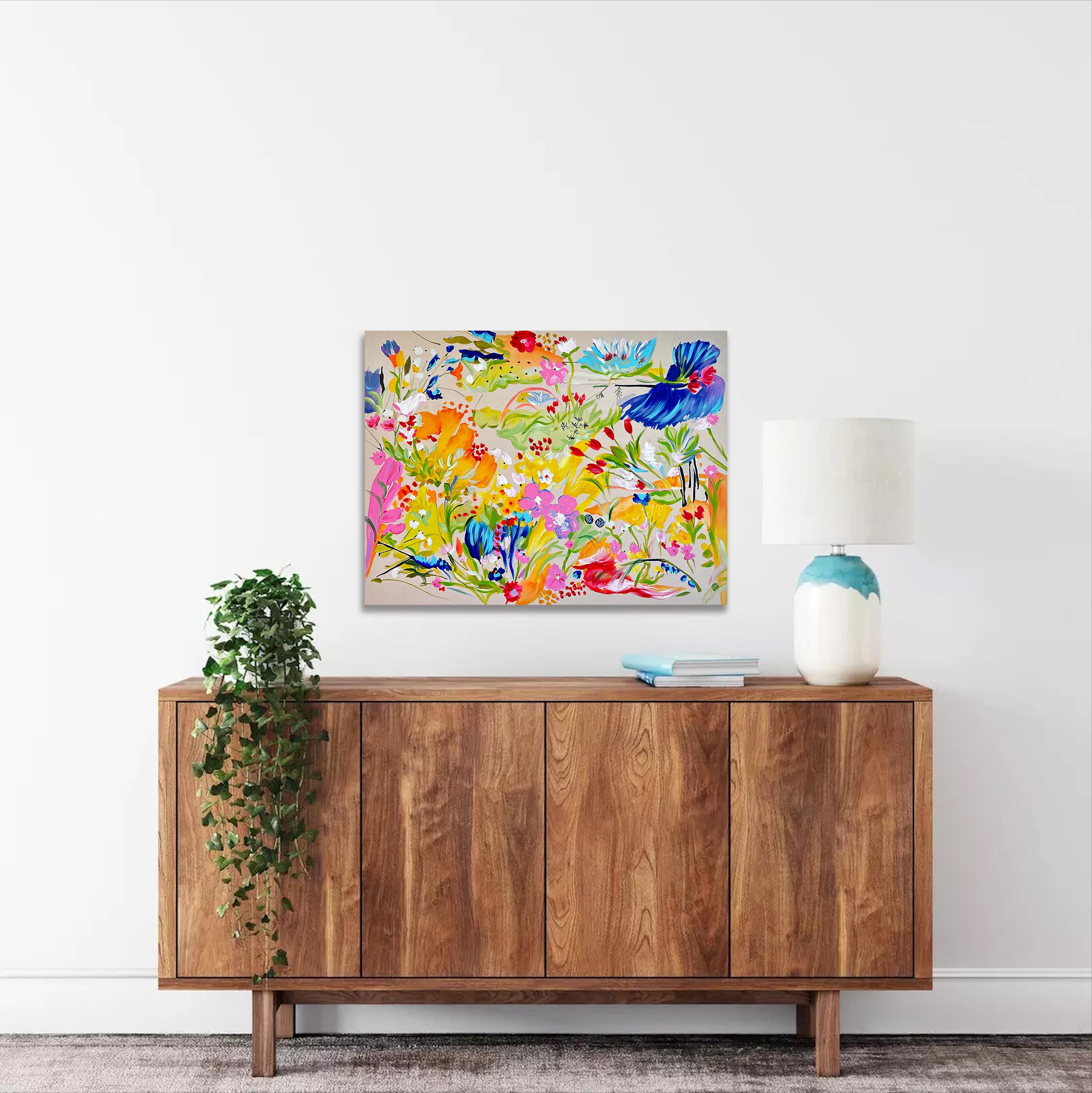 Este es un precioso cuadro al óleo de flores abstractas sobre un fondo beige claro.
Este cuadro totalmente nuevo rebosa colores vibrantes y elegancia atemporal, abrazando la belleza rica y diversa de las flores y la naturaleza. La composición es una