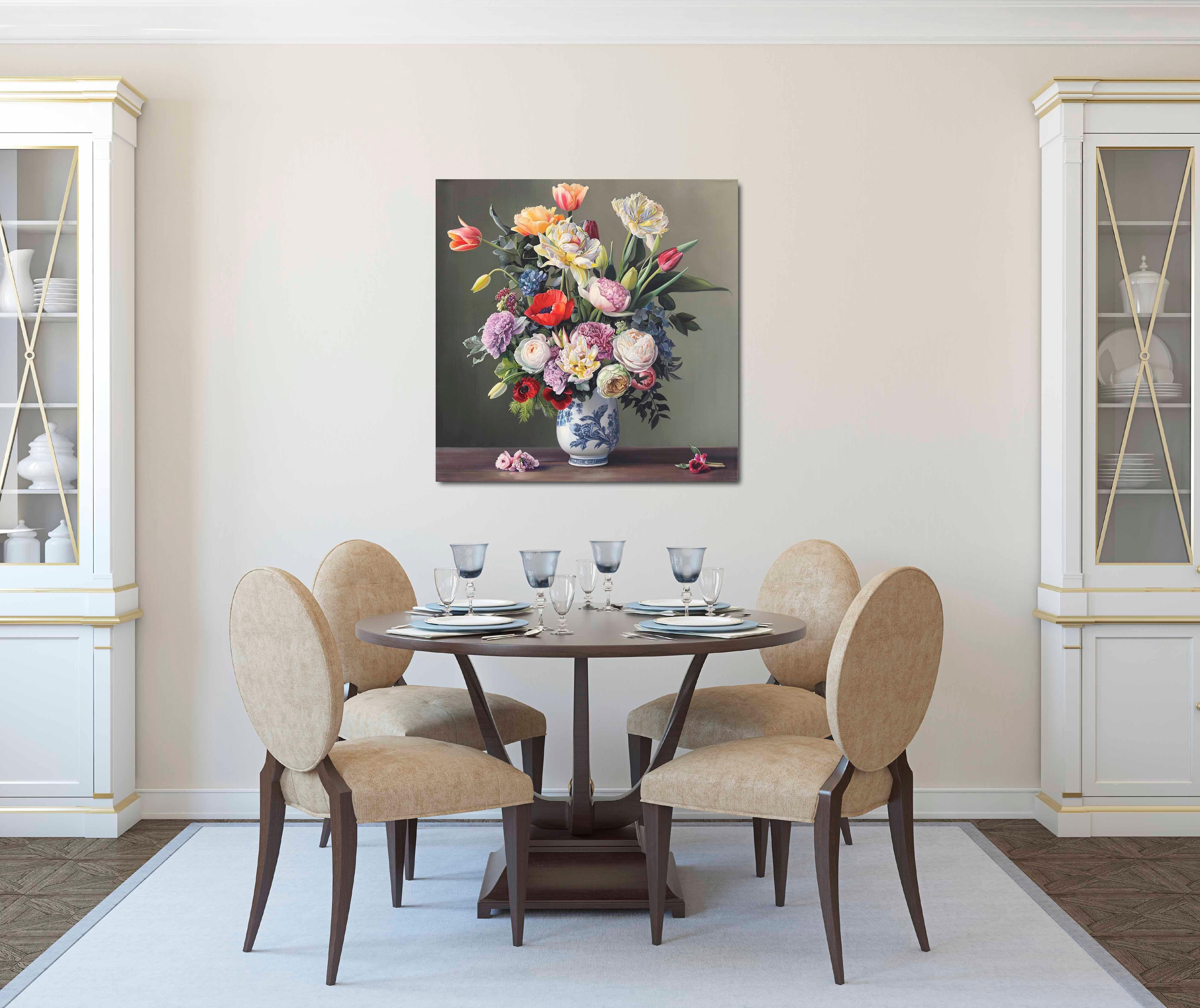 Love Somebody Like You - Colorful Hyperrealist Floral Still Life Oil Painting - Gray Still-Life Painting by Katharina Husslein