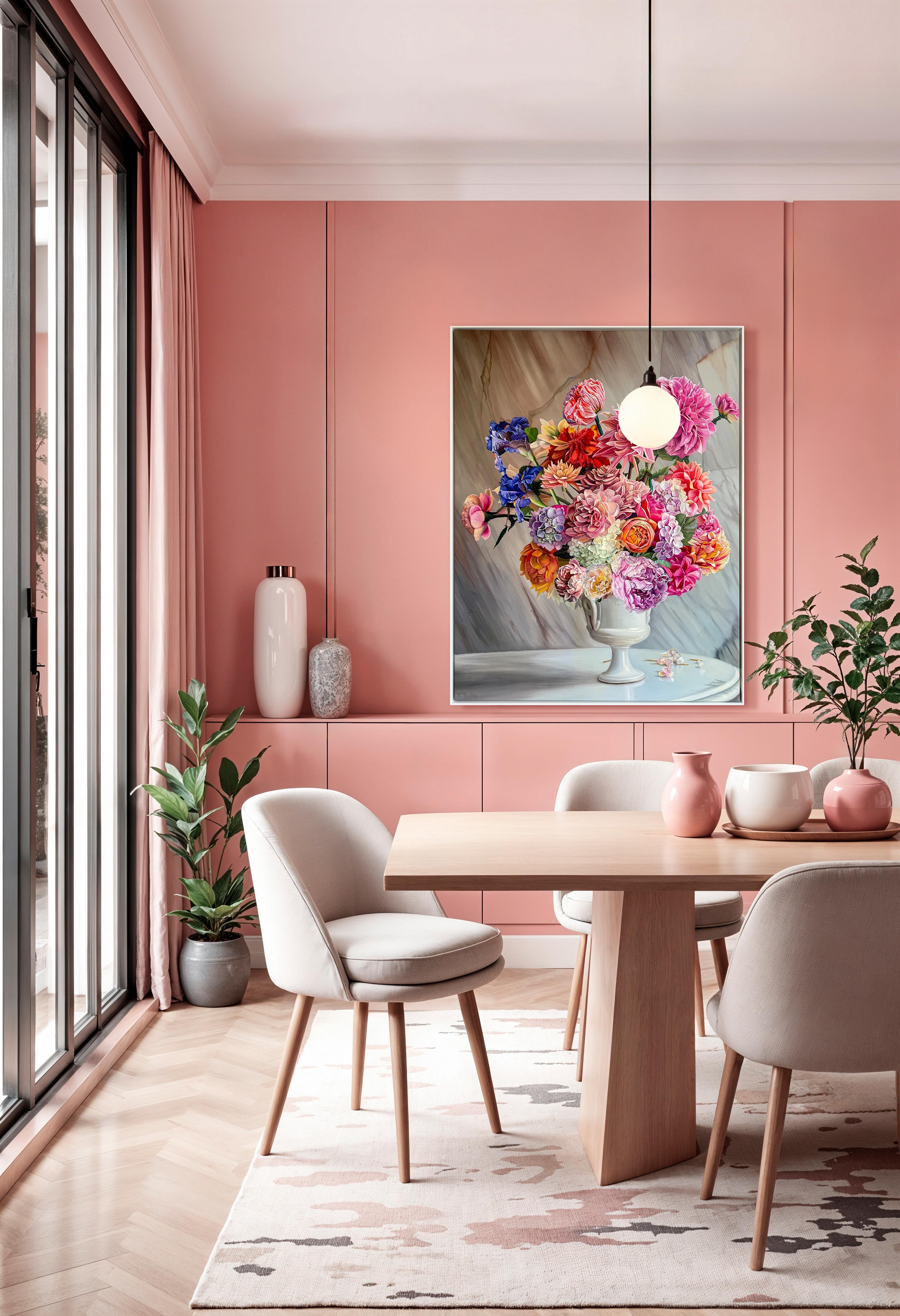 This is a beautiful oil painting of an array of flowers in a vase in front of a dark background.
Reminding us of old master paintings, this is a brand new painting full elegance and timeless elegance.
The botanical paintings by Katharina Husslein