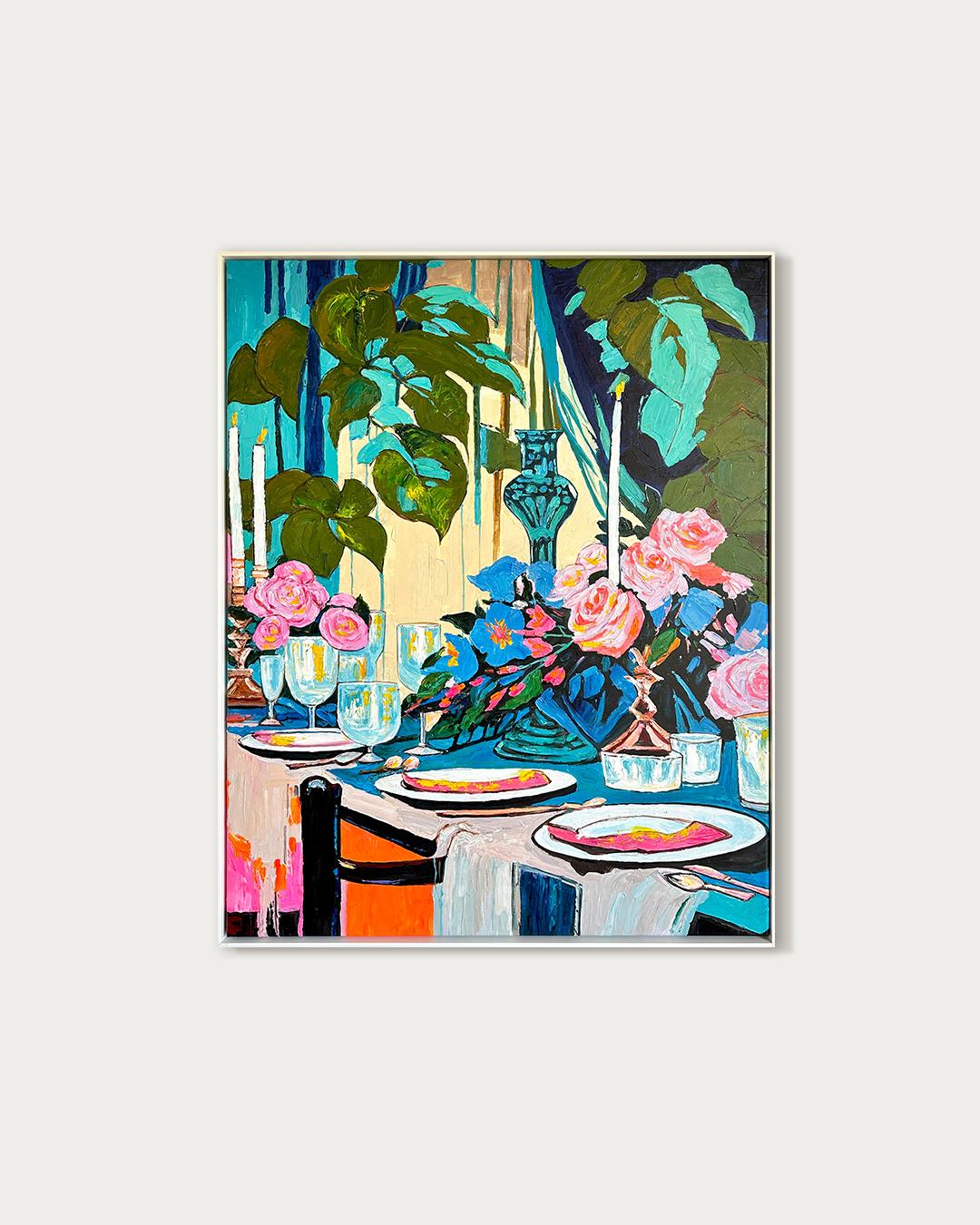 Peinture de table Midnight at the long Table de K.Husslein Impasto Flower - Impressionnisme Painting par Katharina Husslein