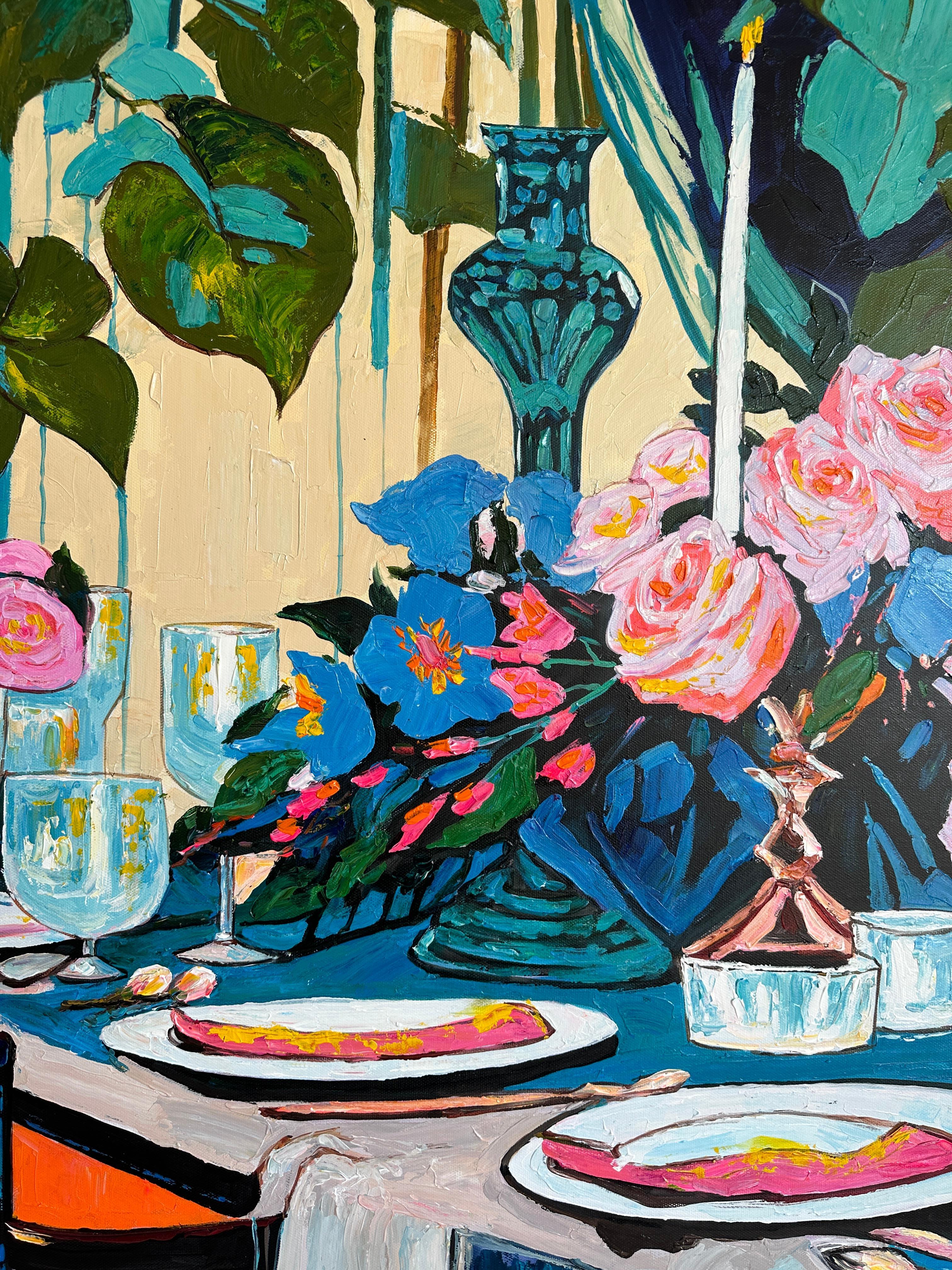 Peinture de table Midnight at the long Table de K.Husslein Impasto Flower en vente 1