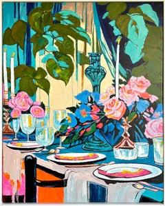 Medianoche en la mesa larga por K.Husslein Pintura al Impasto Flor de mesa de comedor