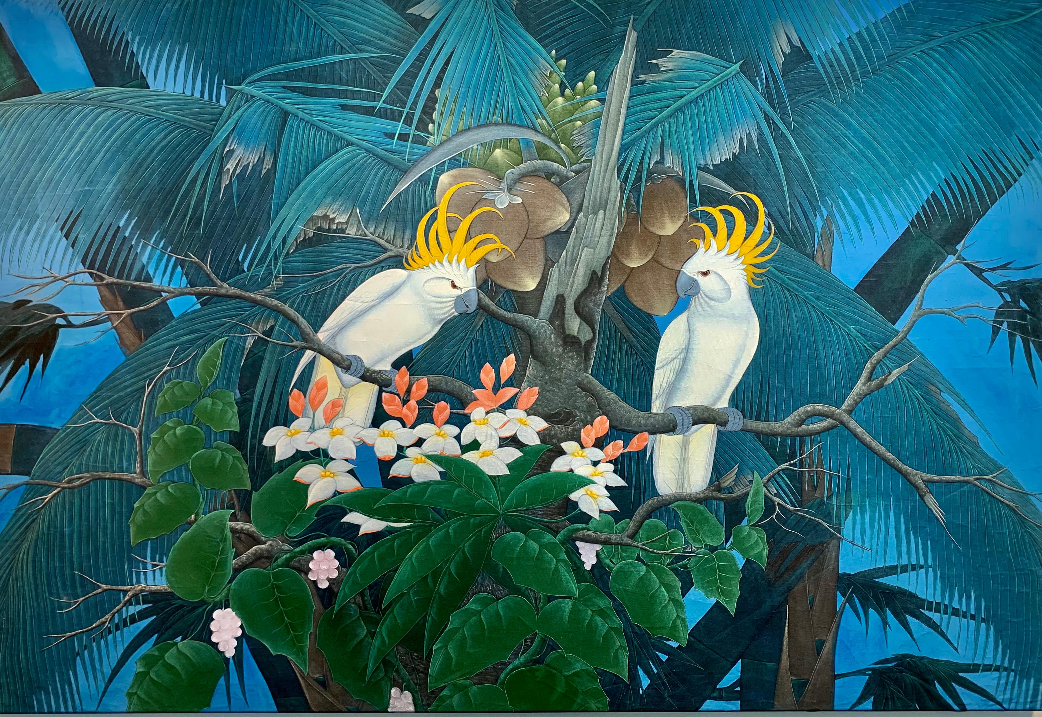 Jungle Happiness is a beautiful large painting  ca 130 x 190 cm full of color and light. 
Birds are sitting on the branches and flying through the Bambus trees. 
Contemporary painting full of details and colors, inspired by beautiful parts of nature