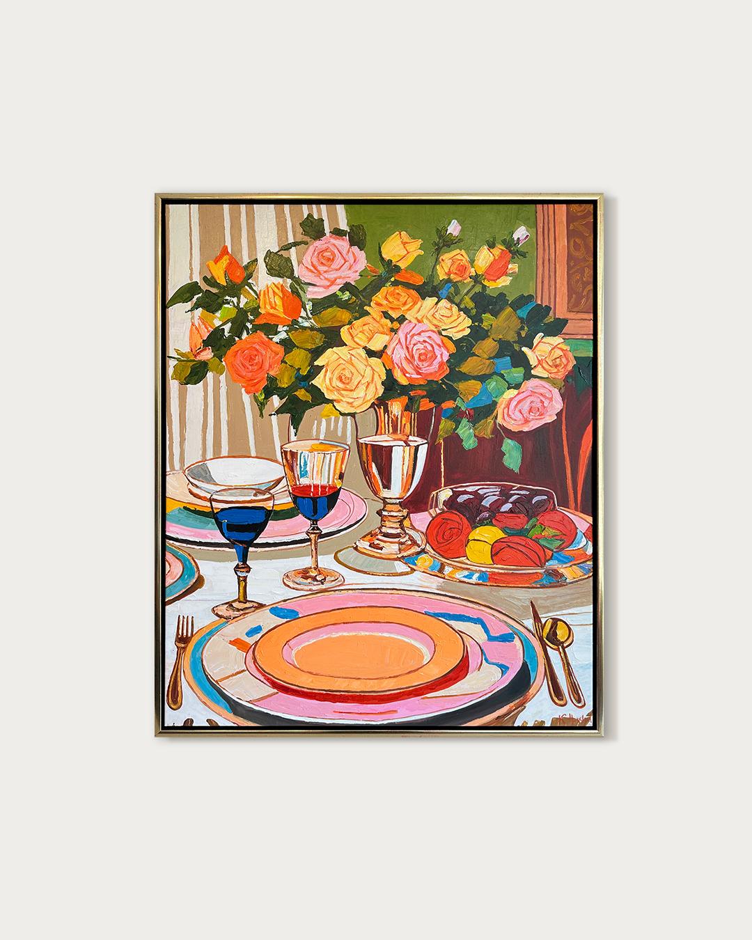 Momente, die wie Wein gegossen wurden von K.Husslein Impasto-Blumen-Esstisch-Gemälde – Painting von Katharina Husslein