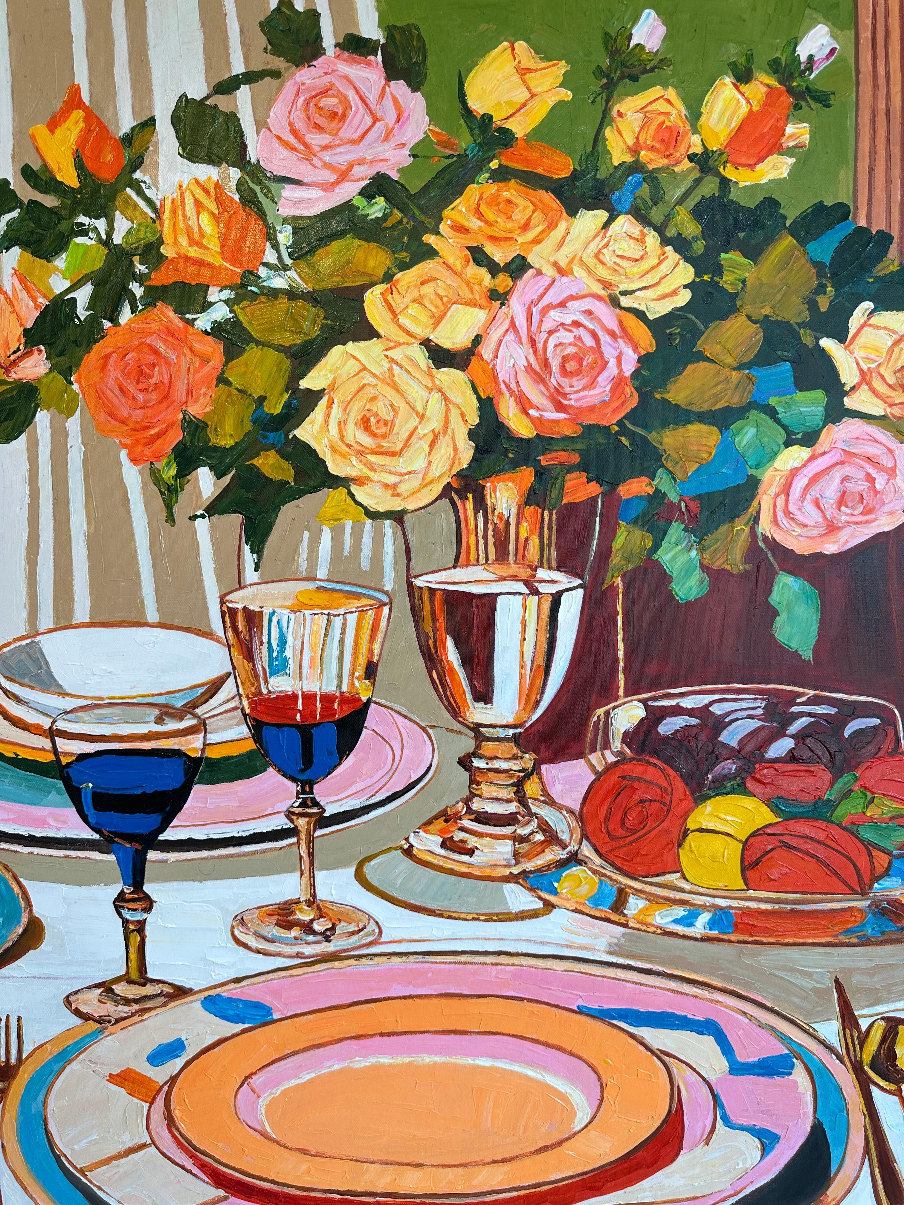 Momente, die wie Wein gegossen wurden von K.Husslein Impasto-Blumen-Esstisch-Gemälde im Angebot 1