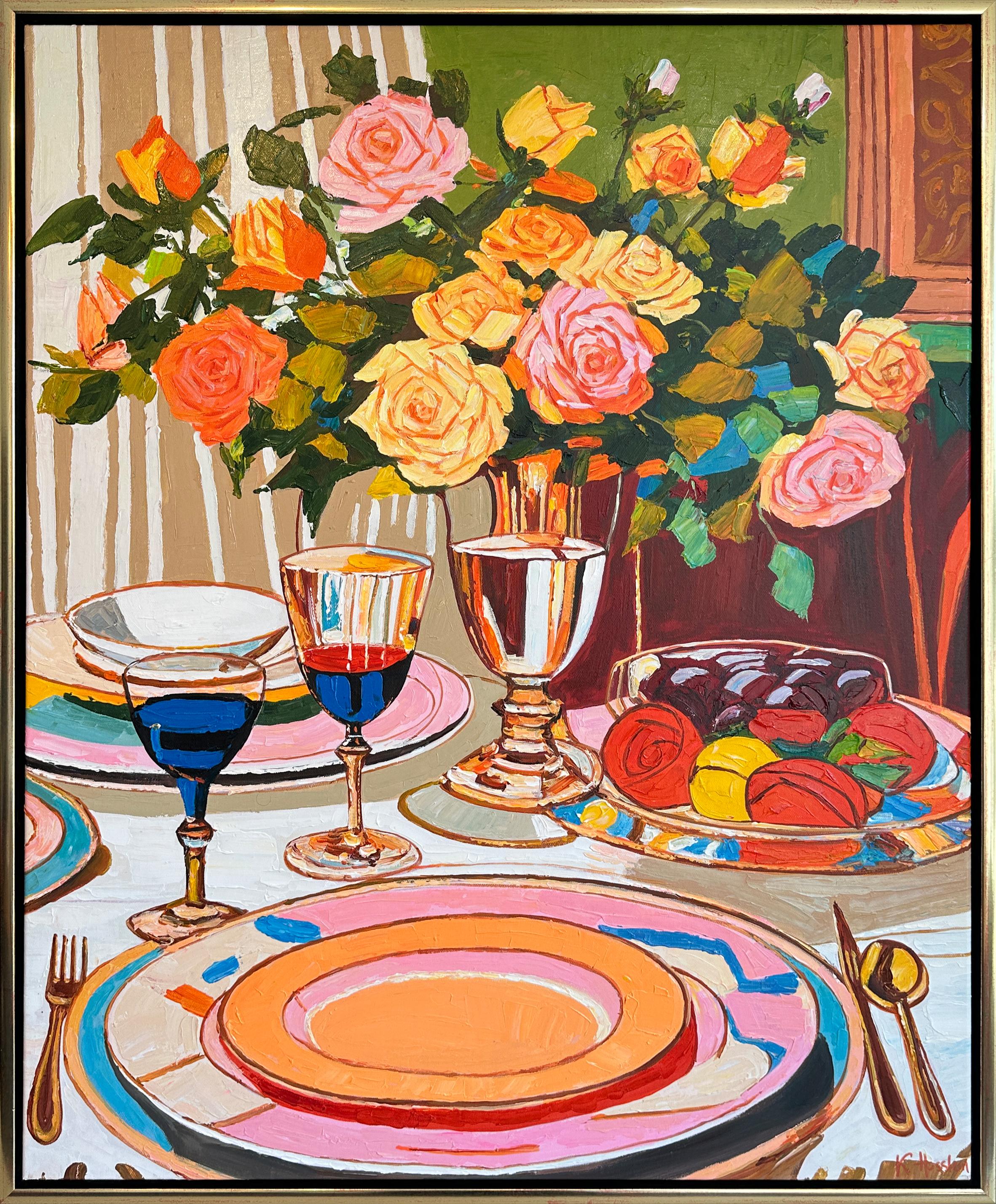 Momentos vertidos como Vino por K.Husslein Pintura de Mesa Cena Comida Flor Impasto