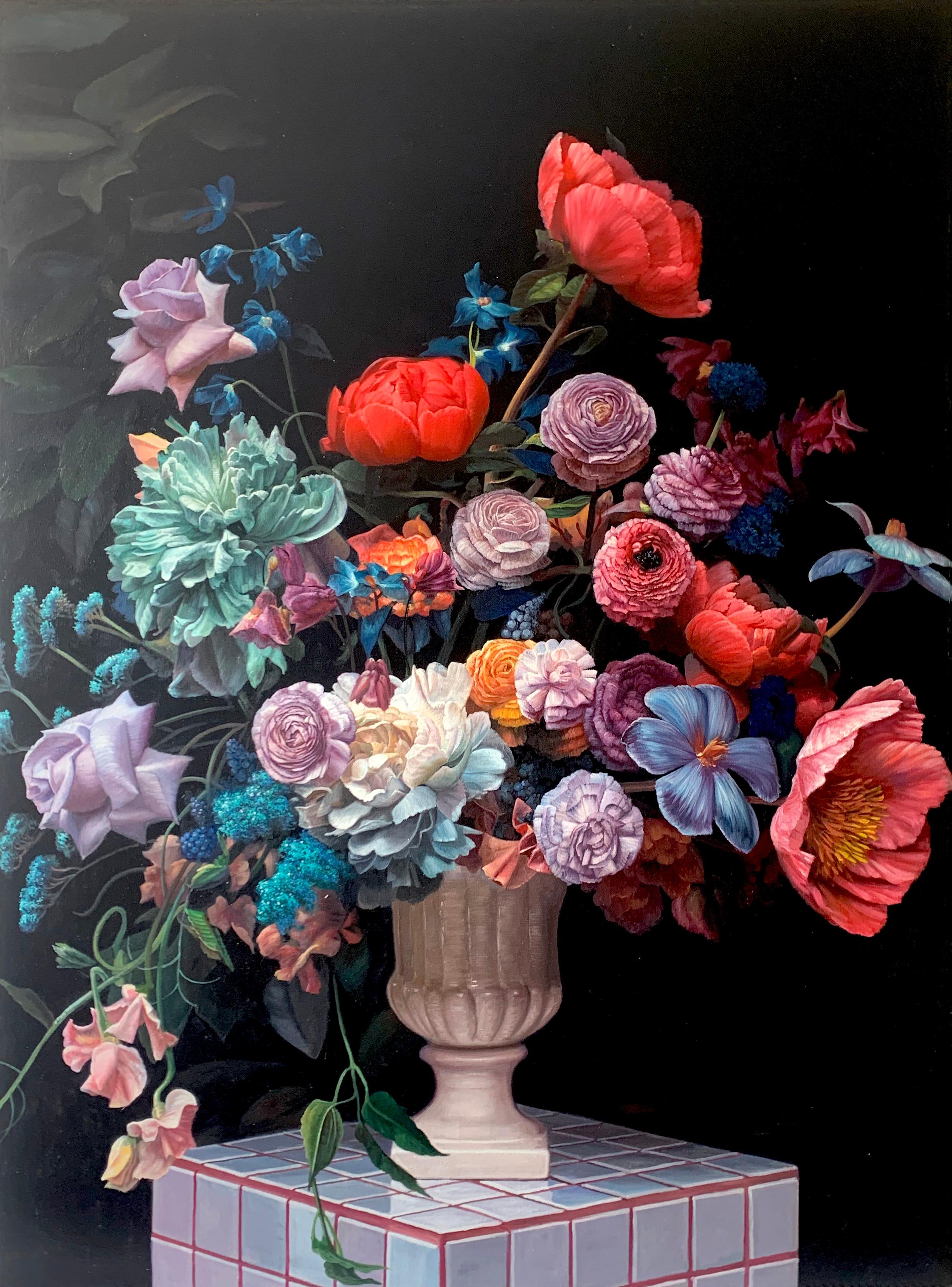 This is a beautiful oil painting of an array of flowers in a vase.
Contemporary painting full of details and colors, vibrant roses , tulips, peonies and an arrangement of other flowers. 
Reminding us of old master paintings, this is a brand new