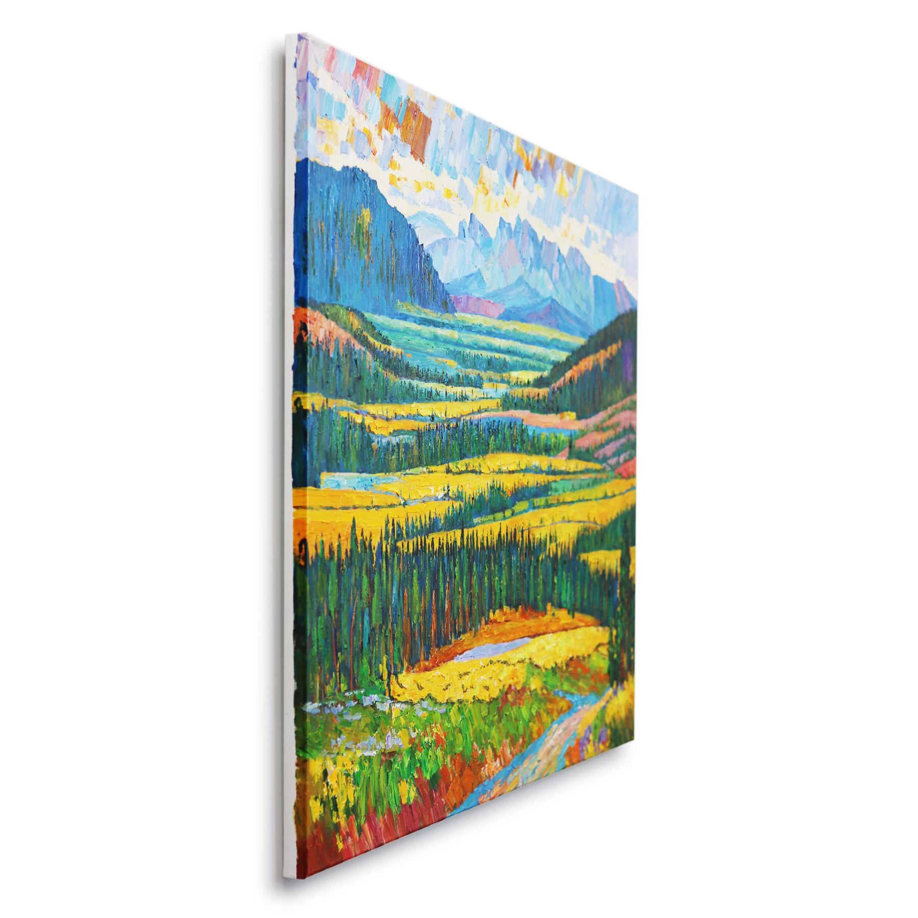 Over the Valley and Mountain - Impressionist Landscape Vibrant Painting For Sale 2