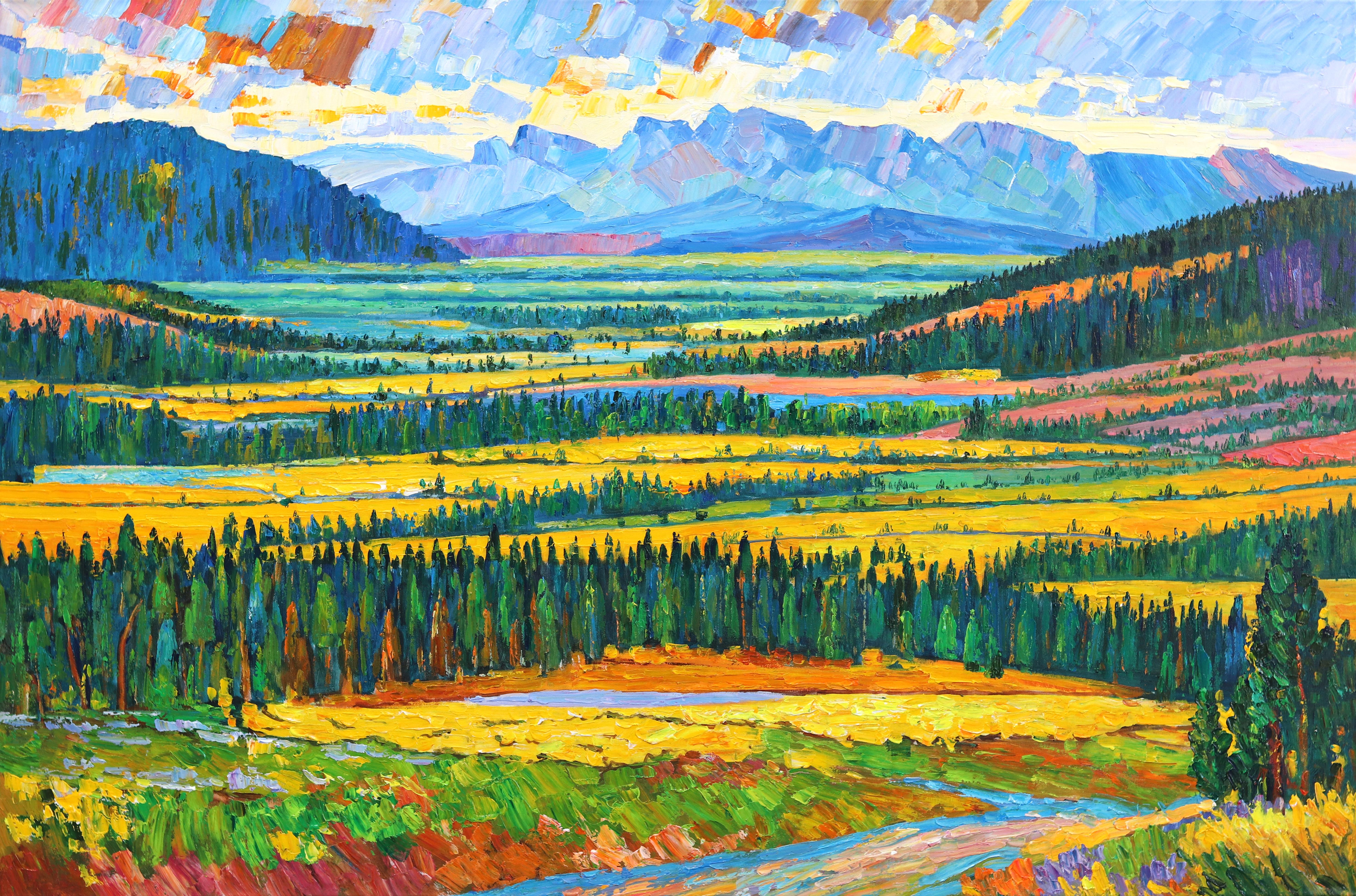 Au-dessus de la vallée et de la montagne - Paysage impressionniste Peinture vibrante