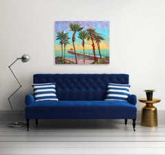 Palm Trees - Textural Impasto Palm Tree Beach Scene Pier Original Oil Painting