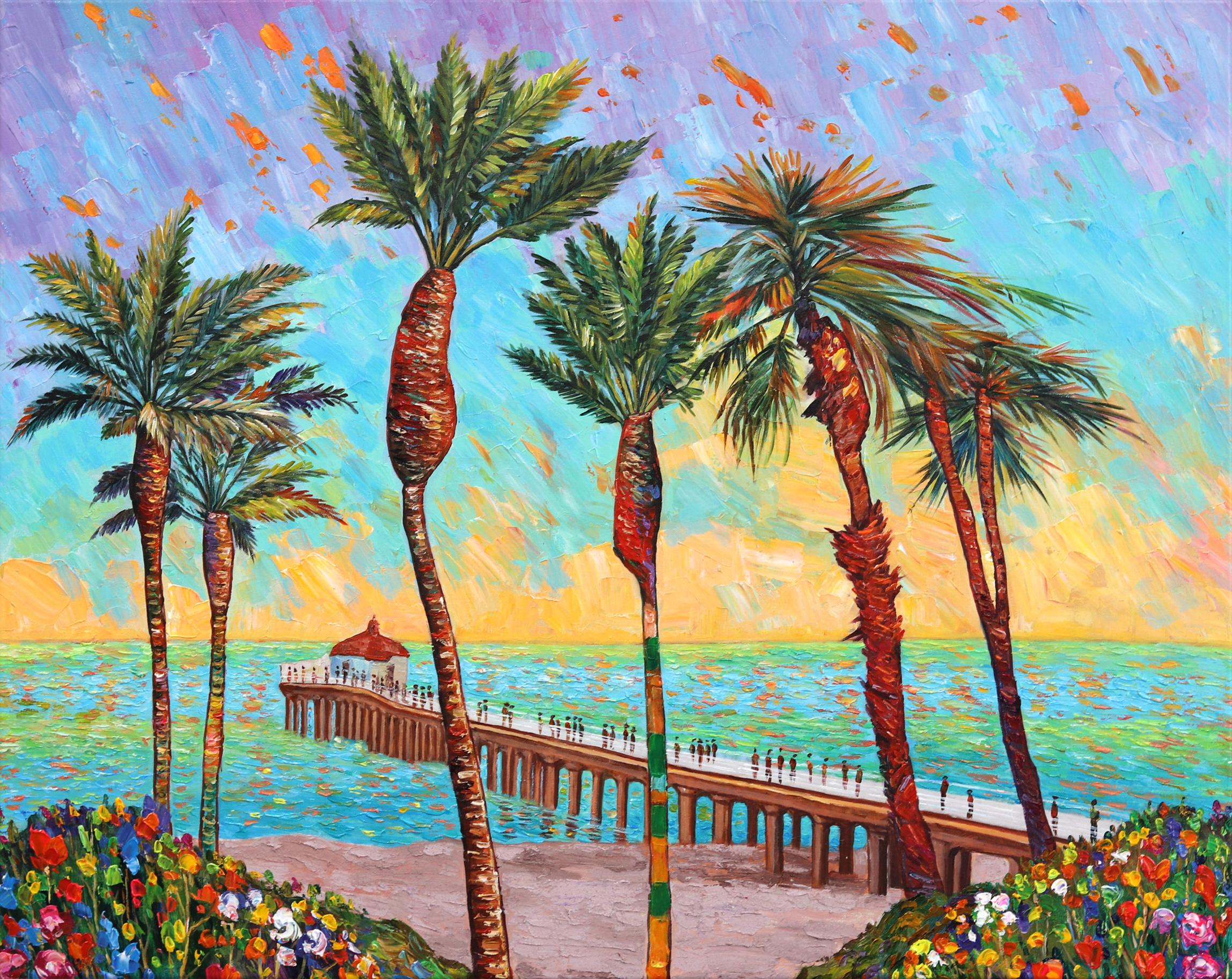 Palmeras - Textural Impasto Palmera Escena Playa Muelle Pintura al Óleo Original