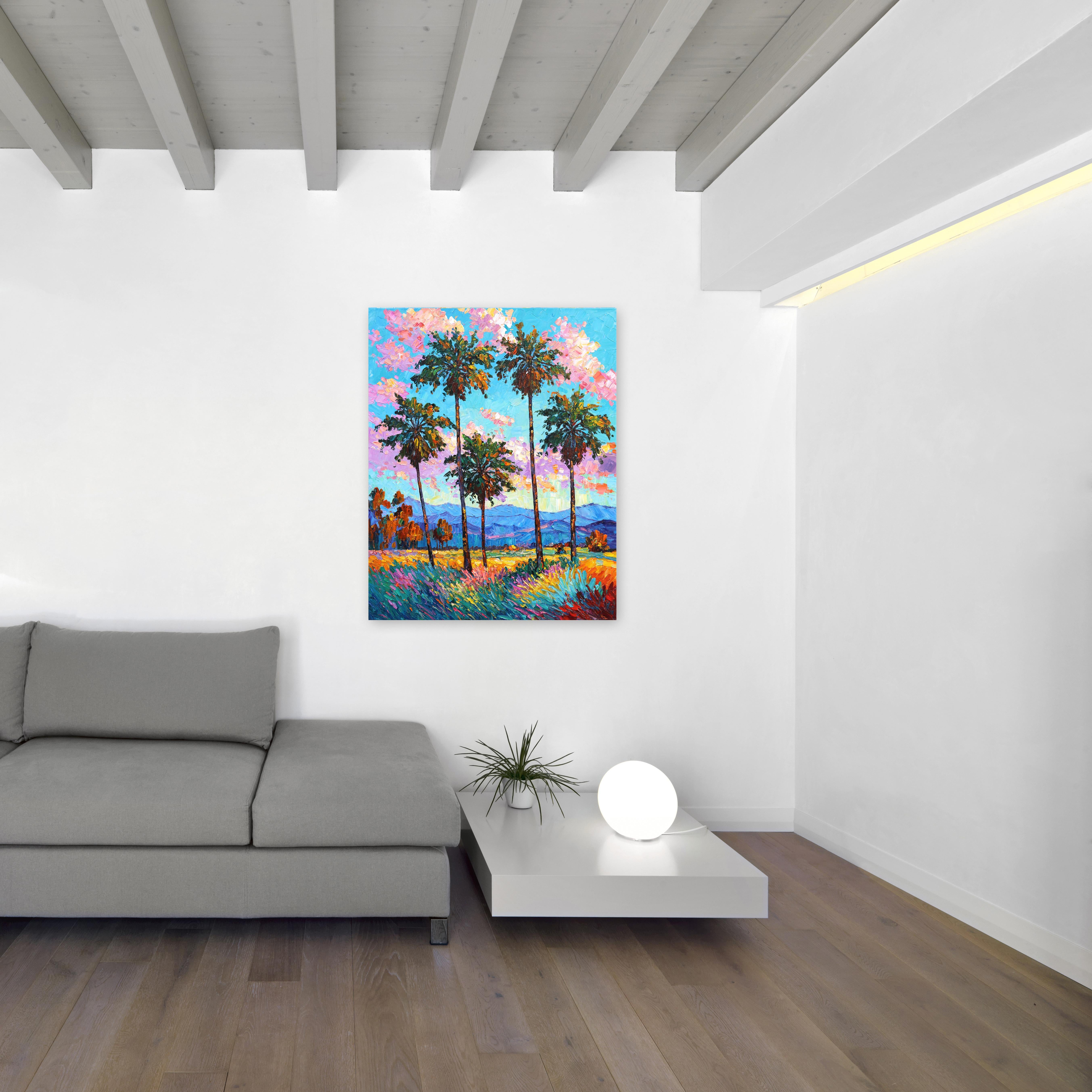 Palmen aufsteigen - Leuchtend lebhafte texturierte Landschaft, Ölgemälde – Painting von Katharina Husslein