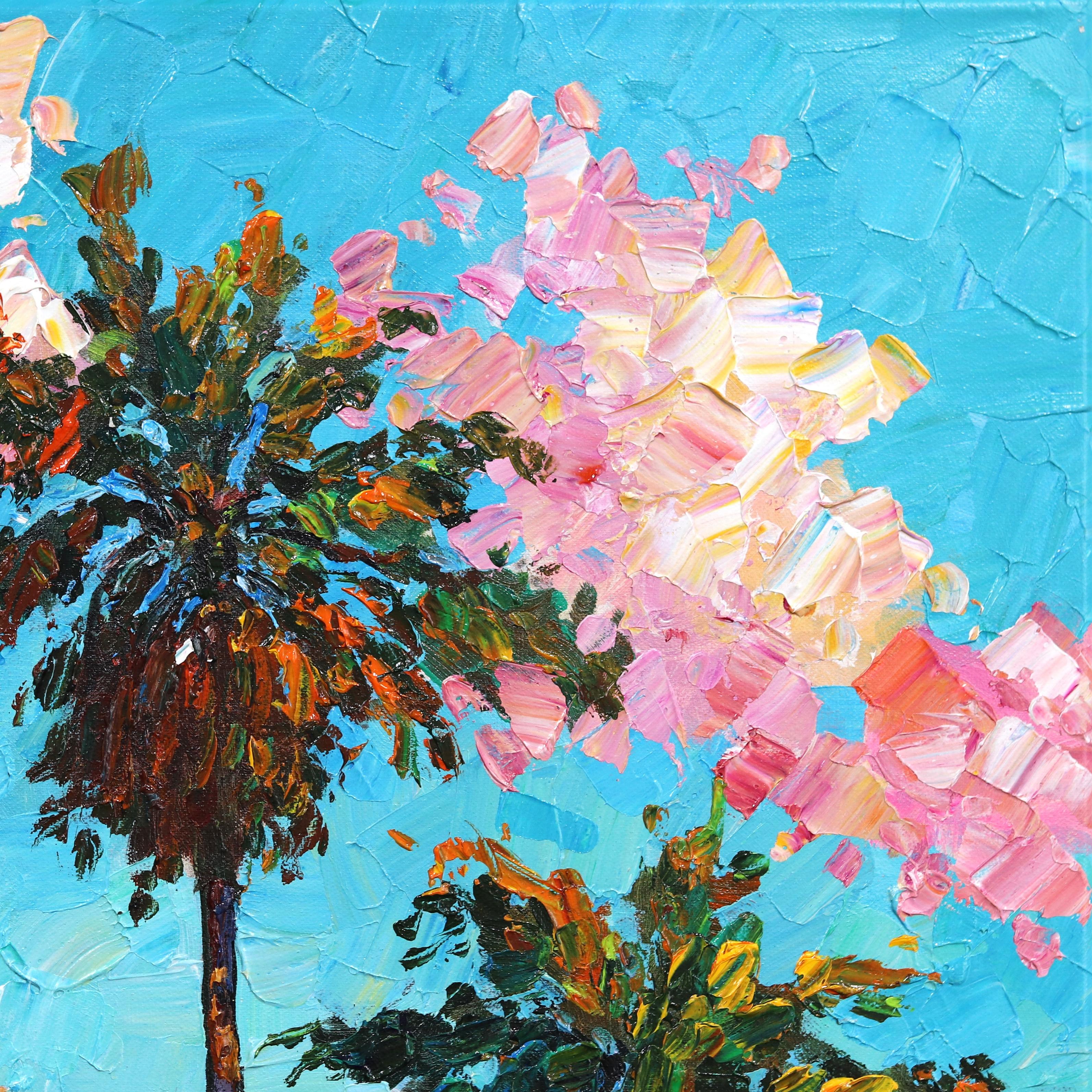 Palmen aufsteigen - Leuchtend lebhafte texturierte Landschaft, Ölgemälde im Angebot 1