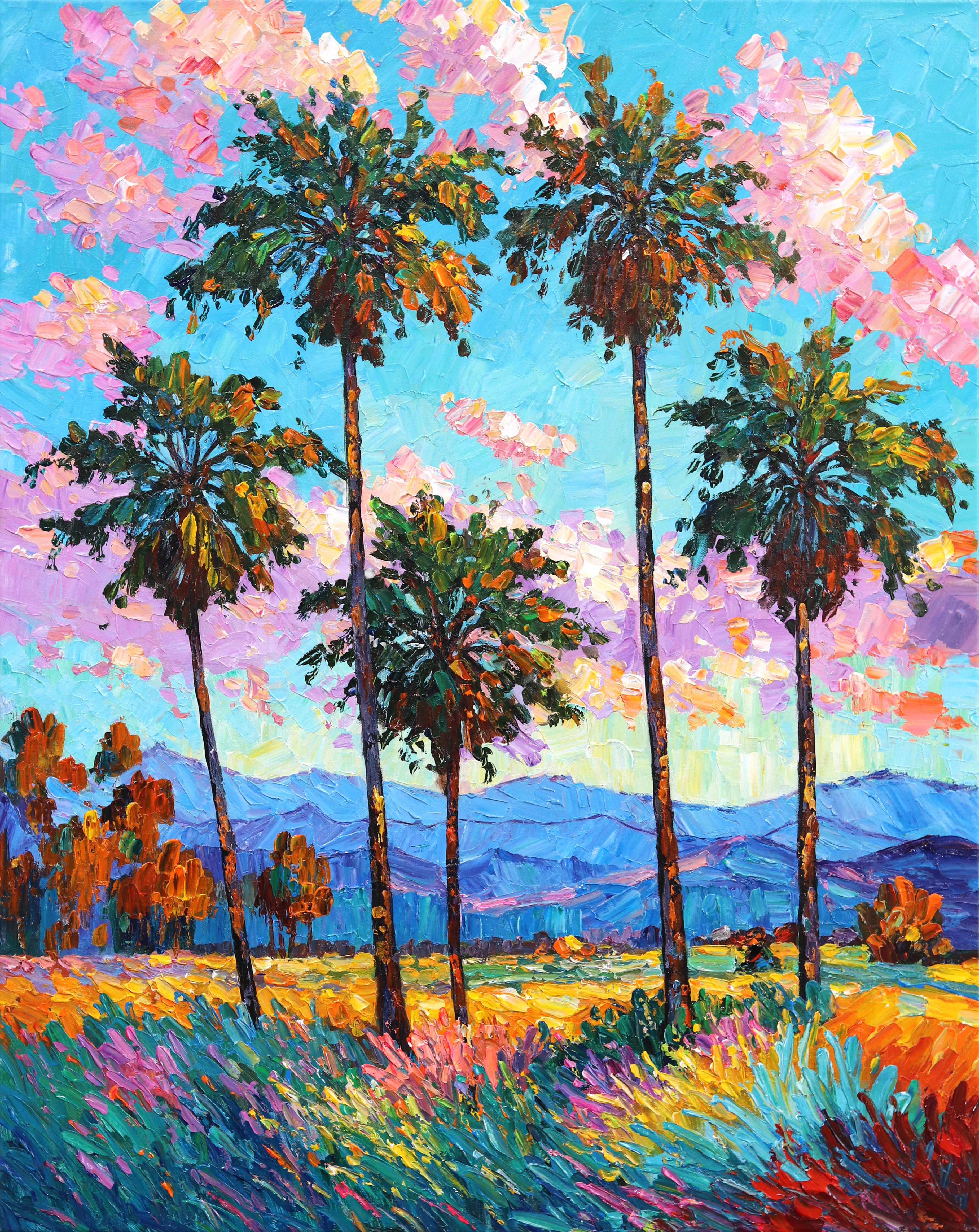 Katharina Husslein Figurative Painting - Palm Trees Rising - Vibrant Textural Landscape Oil Painting