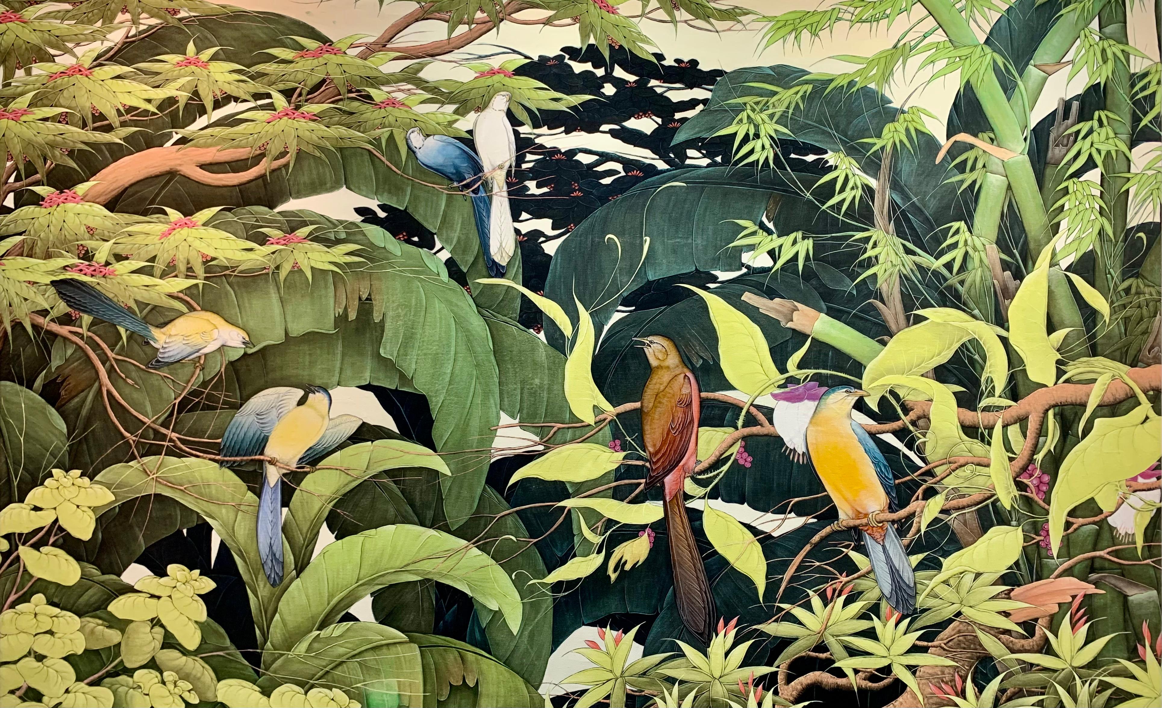 Jungle Happiness is a beautiful large painting  ca 130 x 190 cm full of color and light. 
Birds are sitting on the branches and flying through the Bambus trees. 
Contemporary painting full of details and colors, inspired by beautiful parts of nature