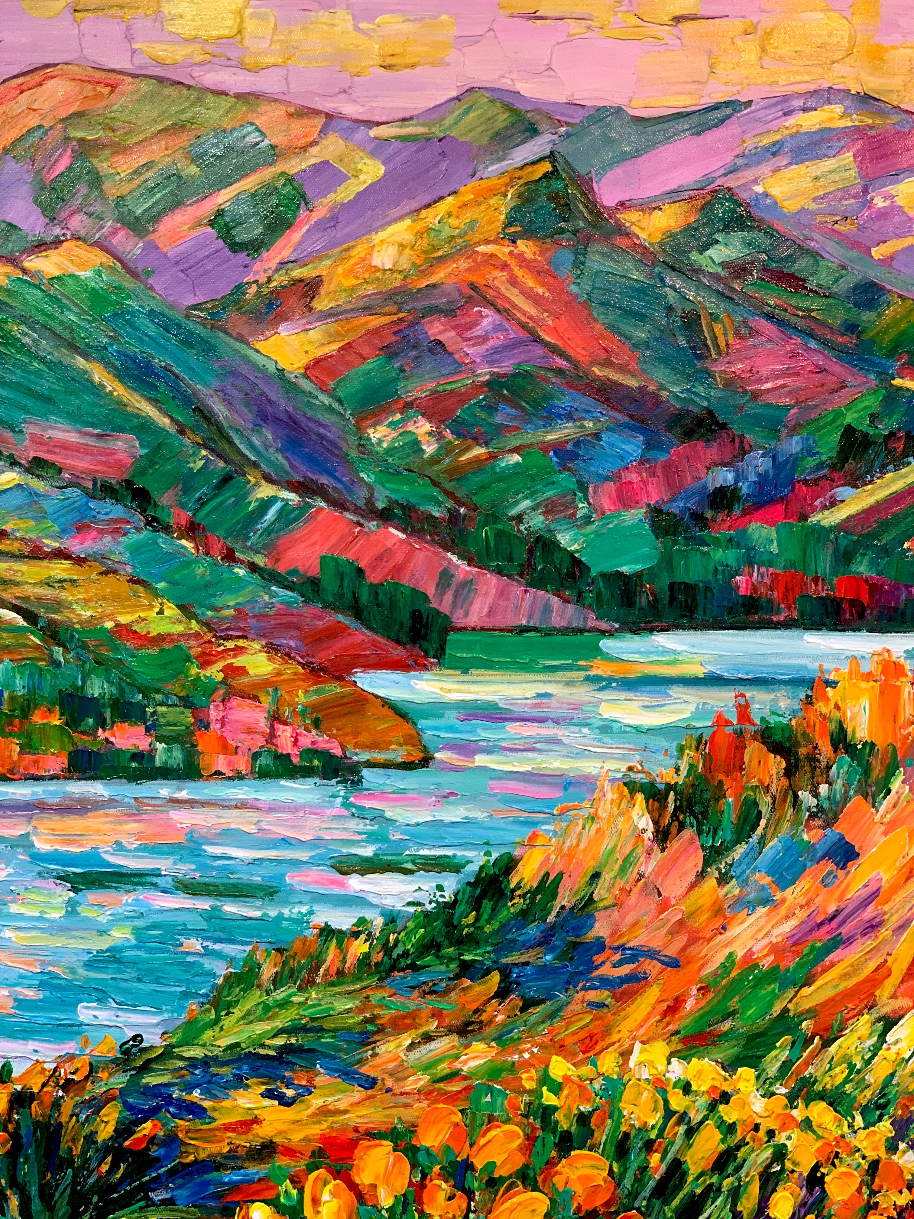 Rivers and Mountains by K. Husslein Contemporary Impressionist Nature Painting For Sale 1