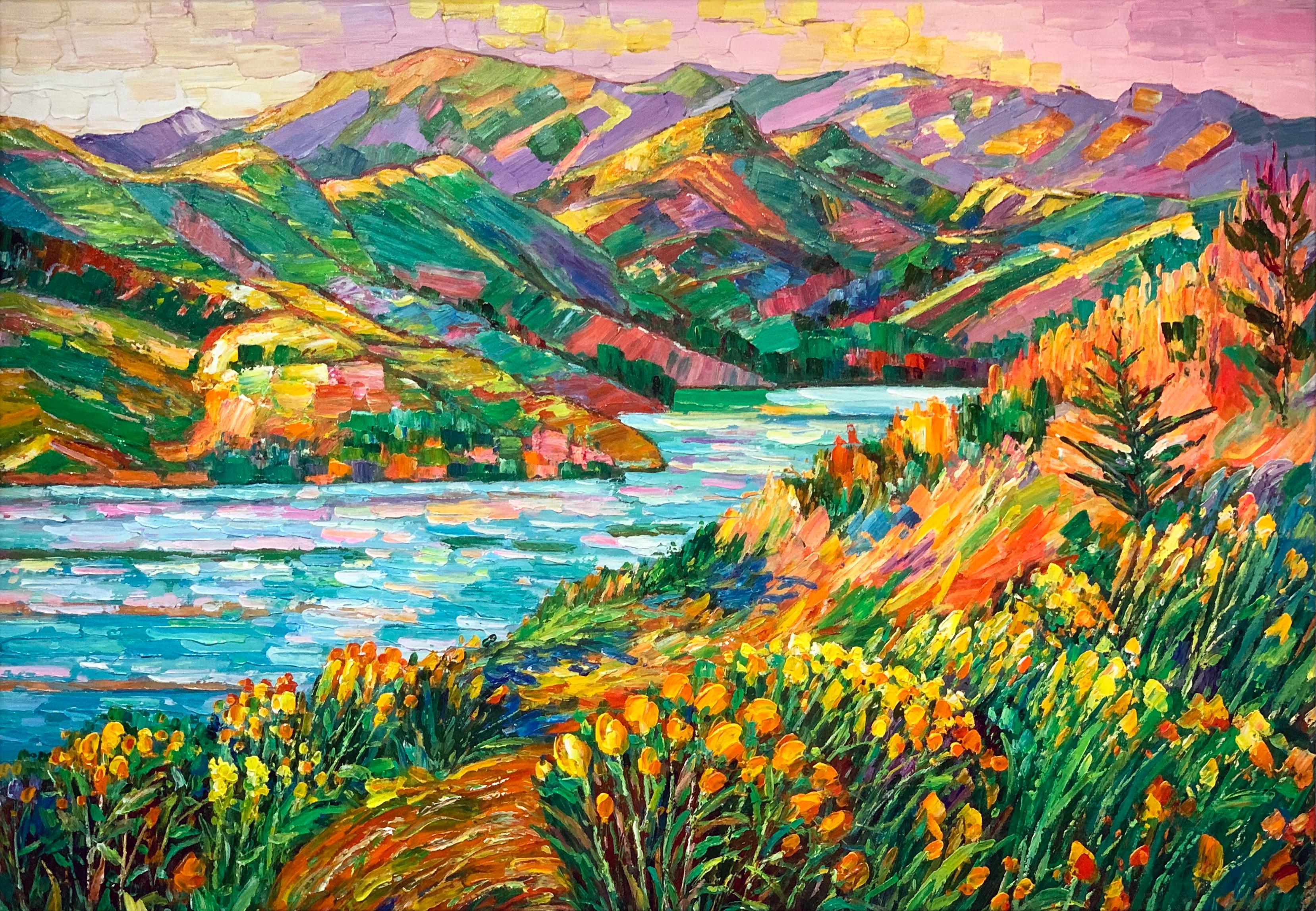 Katharina Husslein Landscape Painting - Rivers and Mountains by K. Husslein Contemporary Impressionist Nature Painting