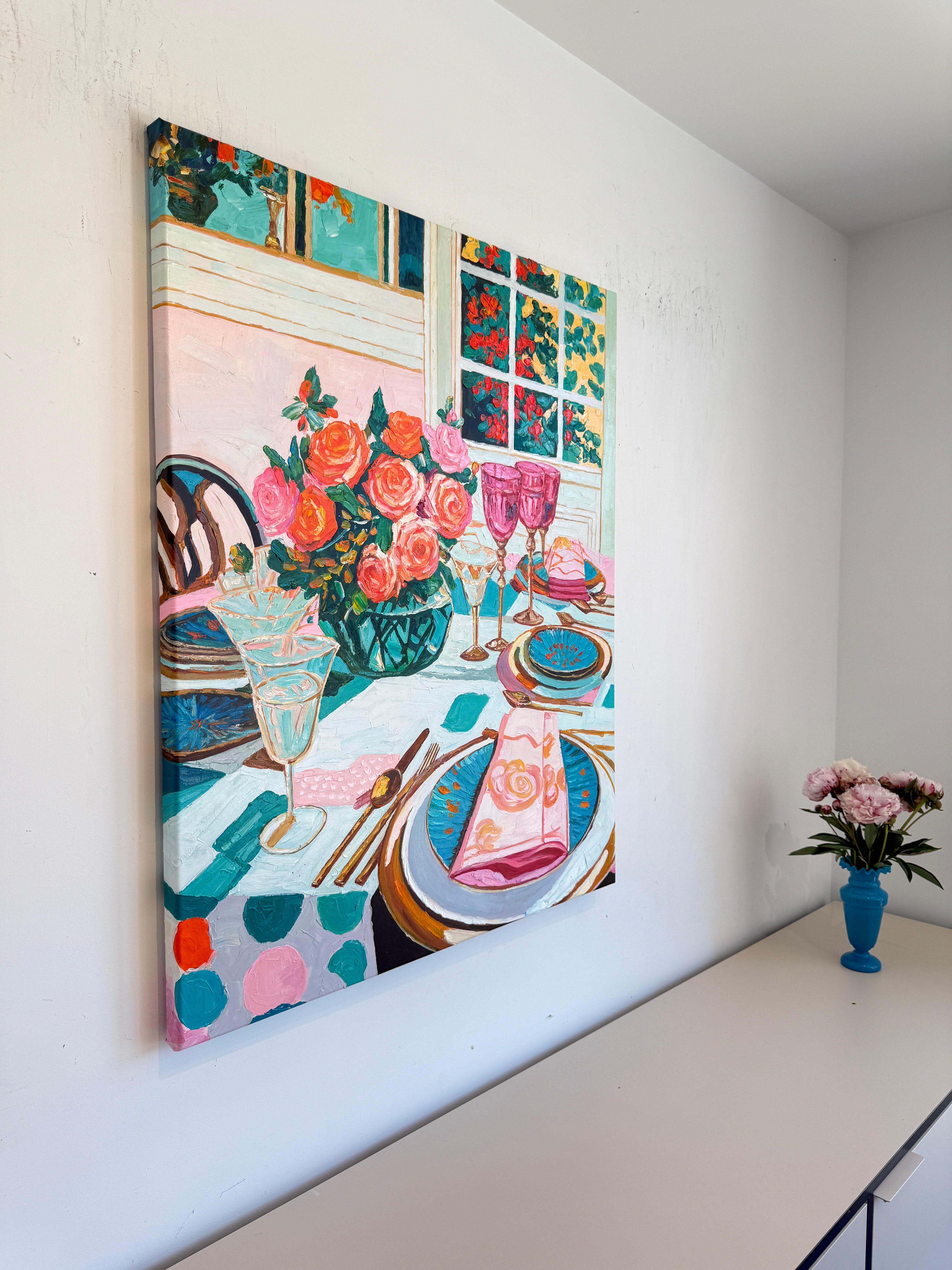 Lumière douce, vin doux - K.Husslein Impasto Flower Dinner Table Painting en vente 9