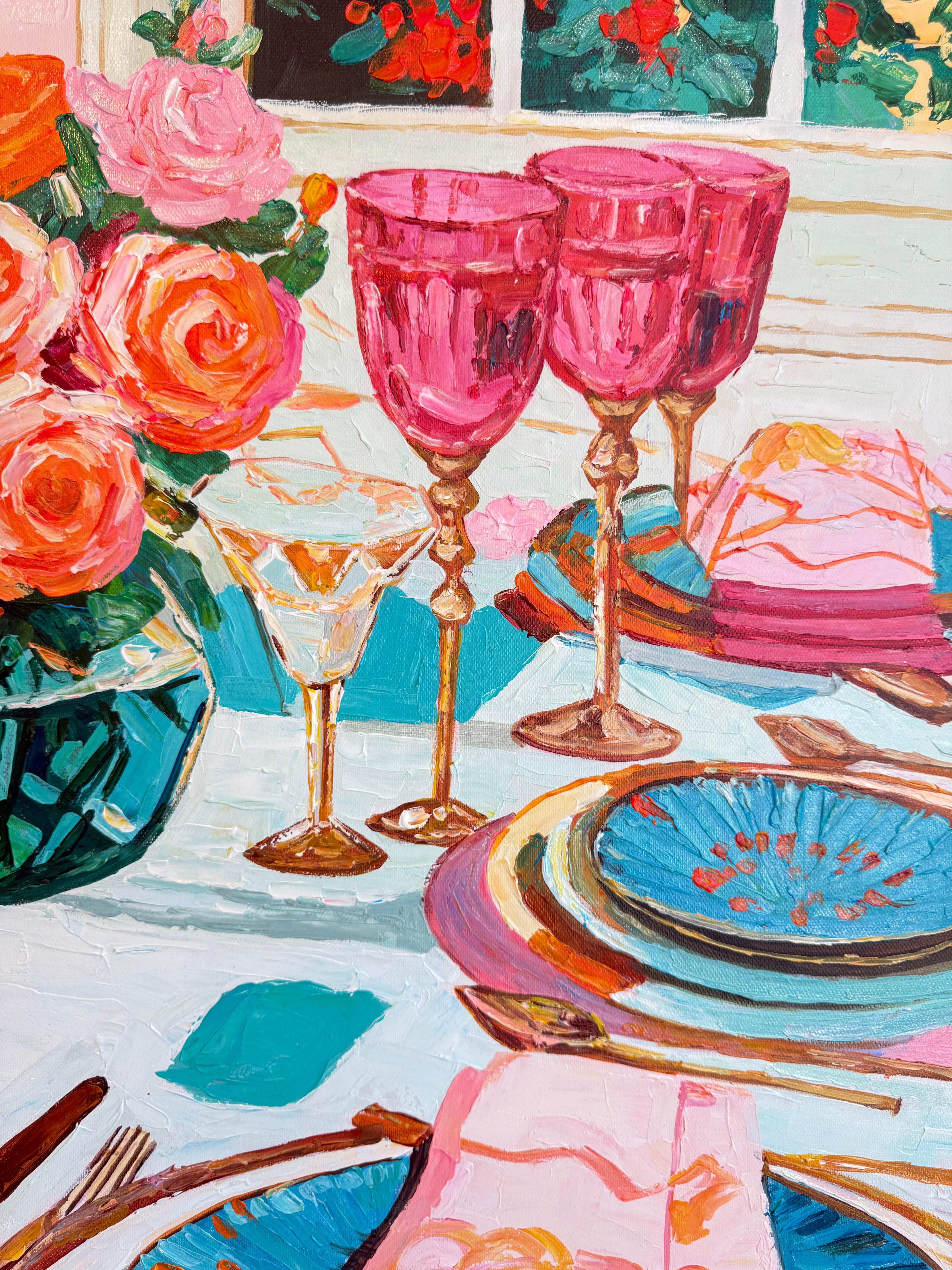 Lumière douce, vin doux - K.Husslein Impasto Flower Dinner Table Painting en vente 10