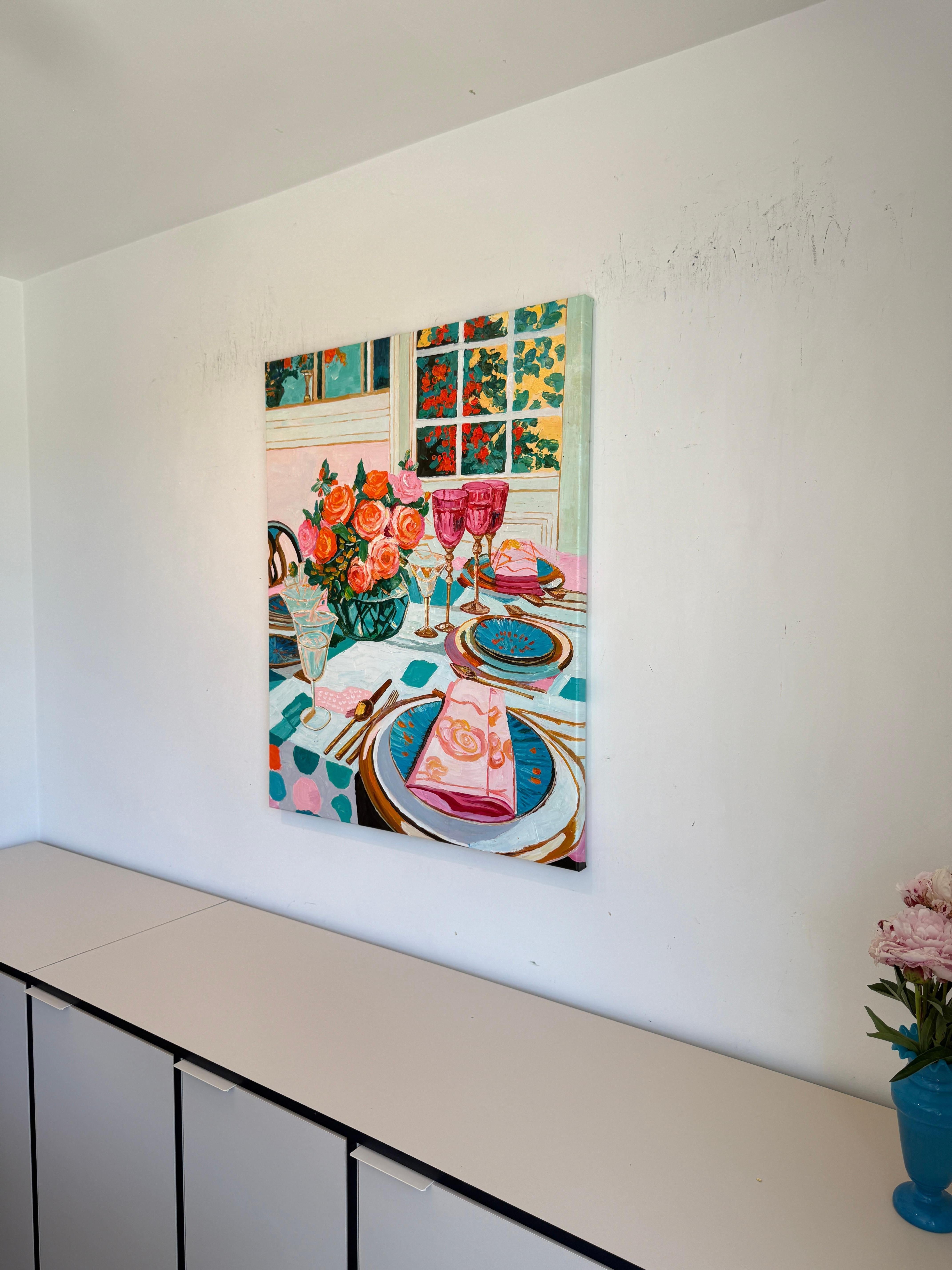 Lumière douce, vin doux - K.Husslein Impasto Flower Dinner Table Painting en vente 11