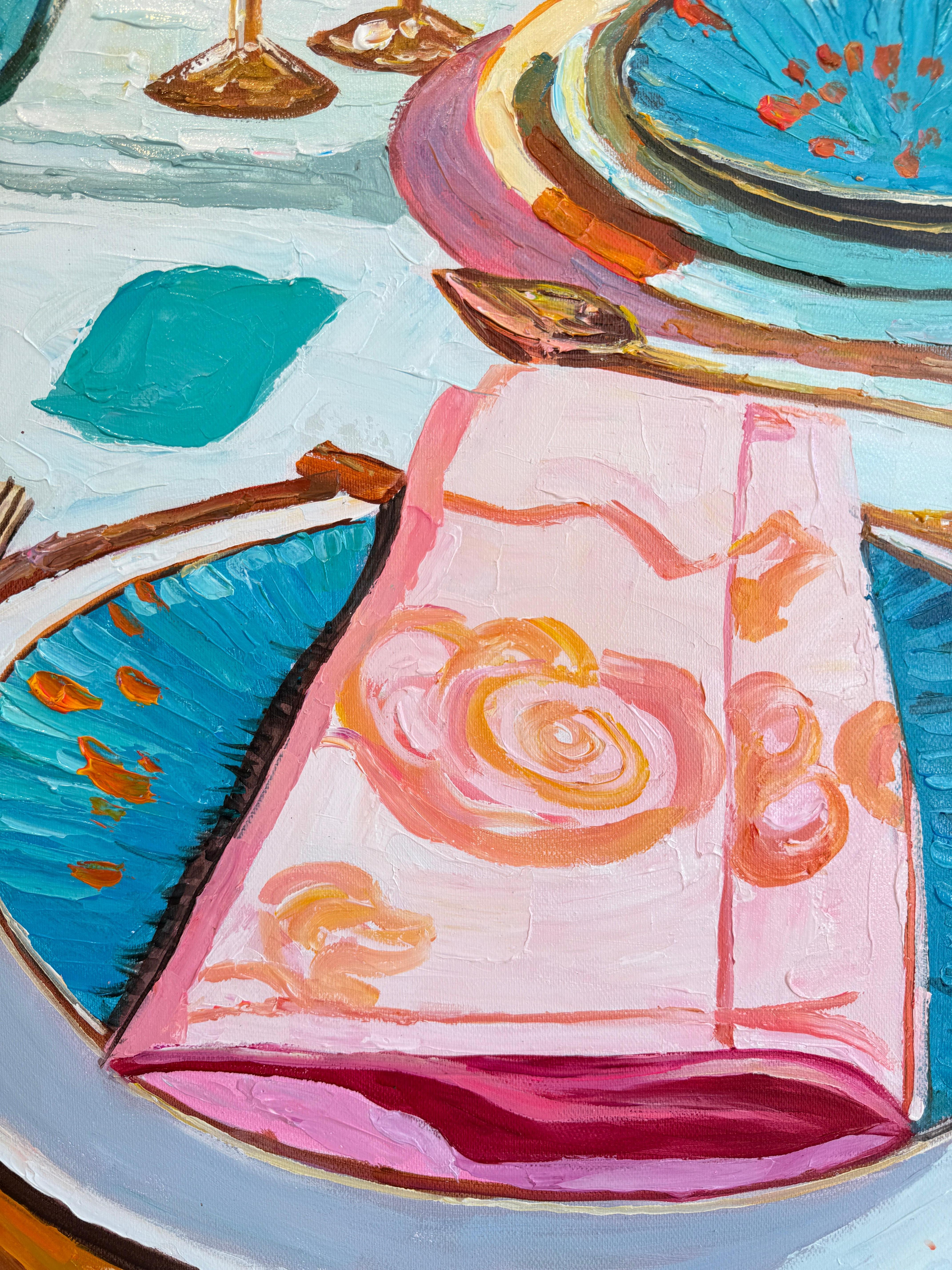 Lumière douce, vin doux - K.Husslein Impasto Flower Dinner Table Painting en vente 12