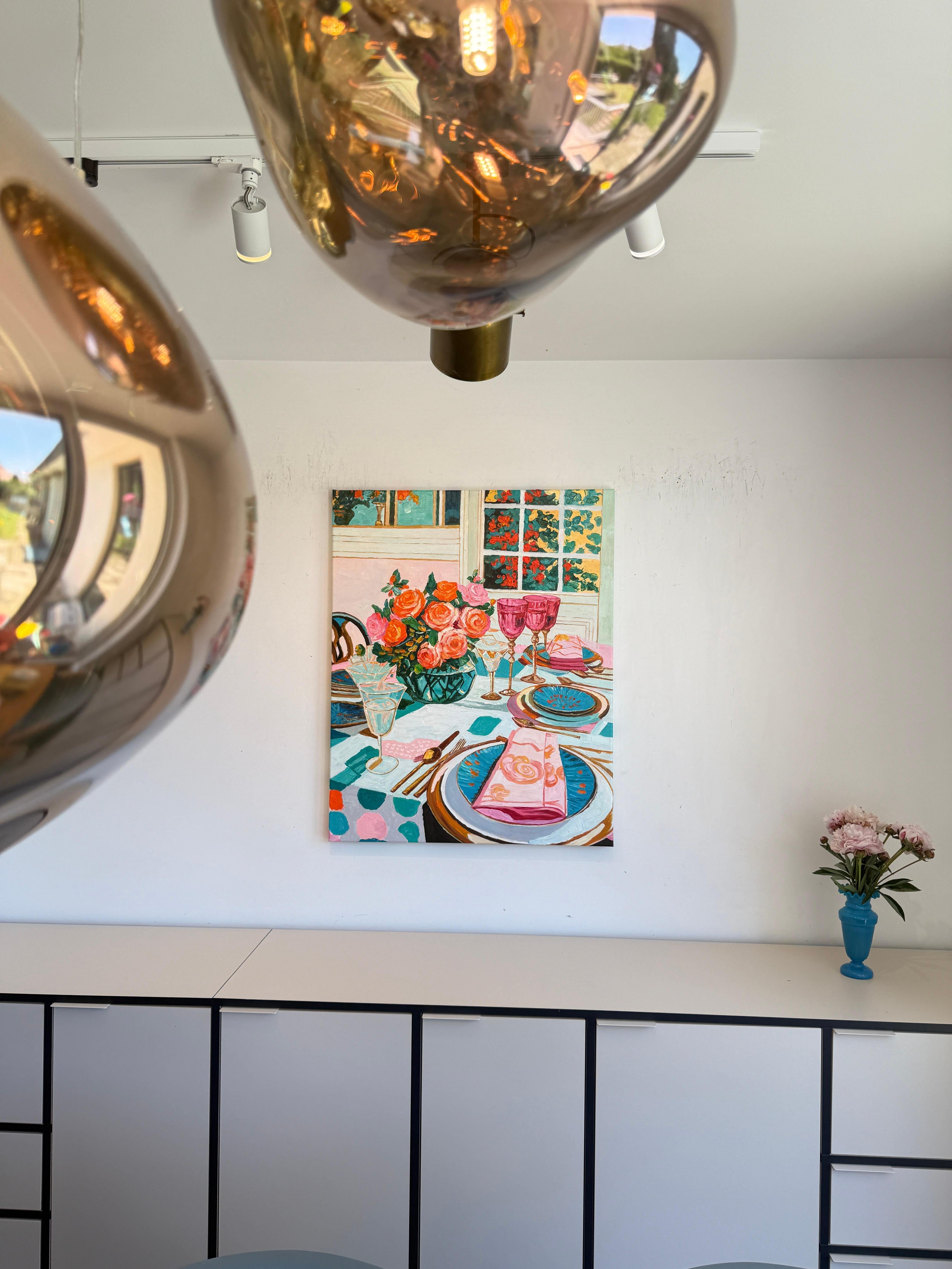 Lumière douce, vin doux - K.Husslein Impasto Flower Dinner Table Painting en vente 13