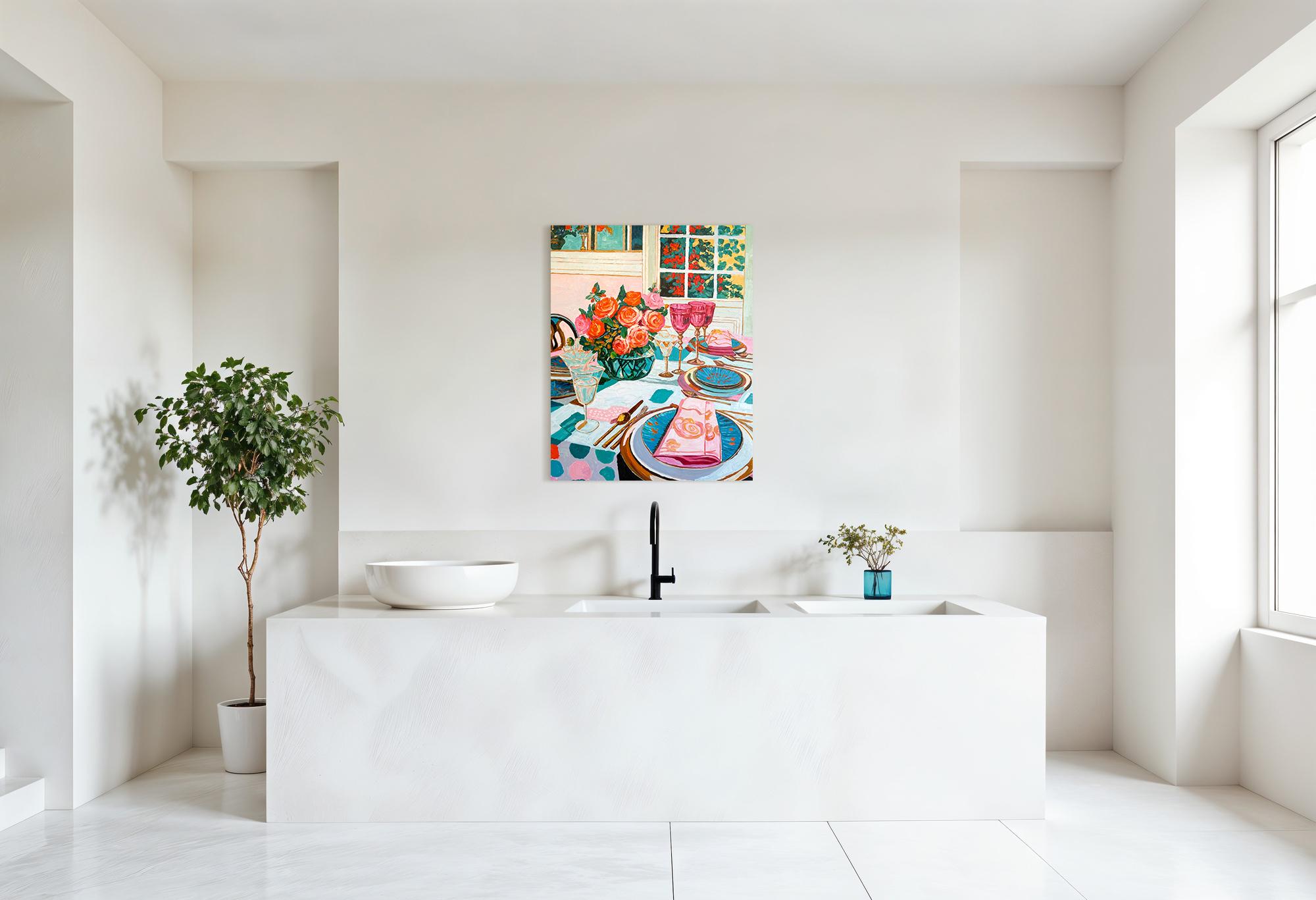 Lumière douce, vin doux - K.Husslein Impasto Flower Dinner Table Painting en vente 15