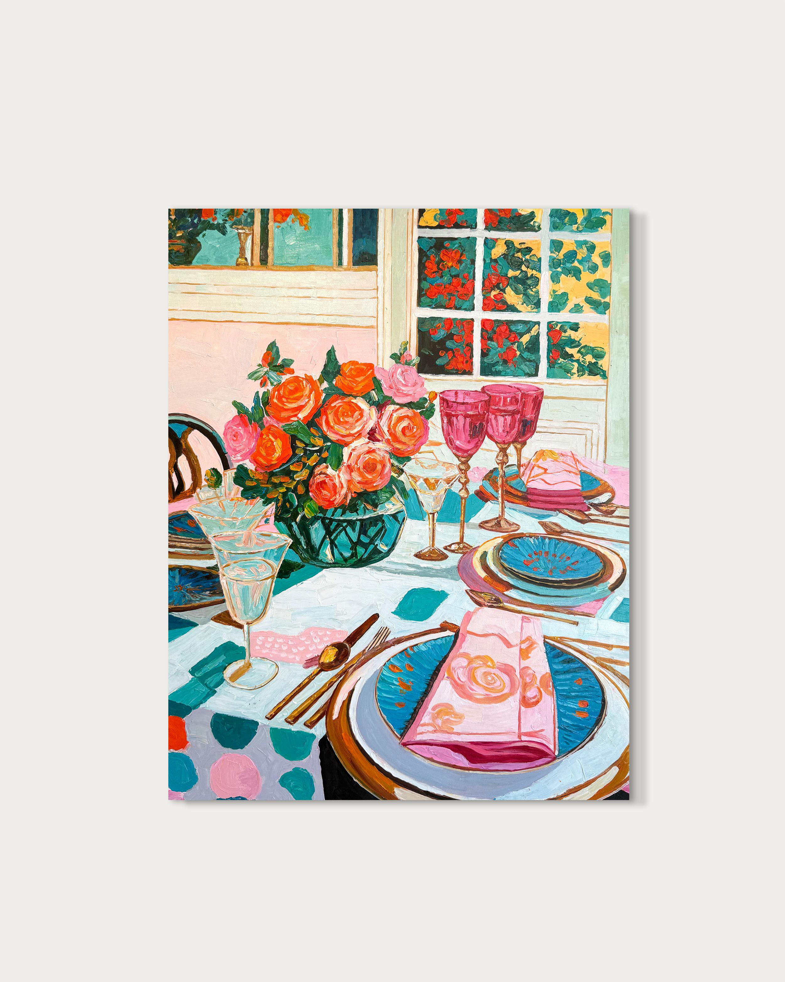 Lumière douce, vin doux - K.Husslein Impasto Flower Dinner Table Painting en vente 1