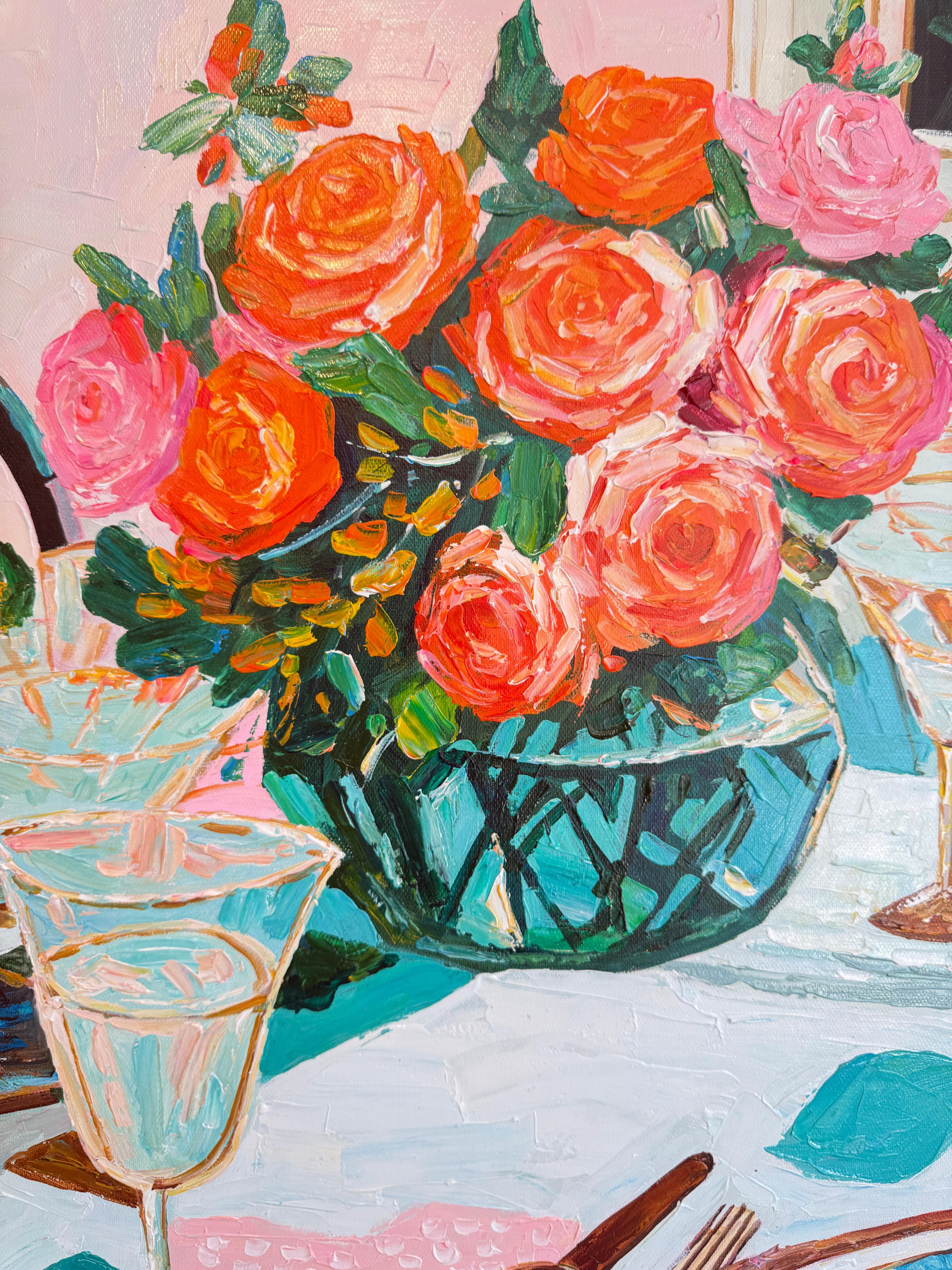 Lumière douce, vin doux - K.Husslein Impasto Flower Dinner Table Painting en vente 3
