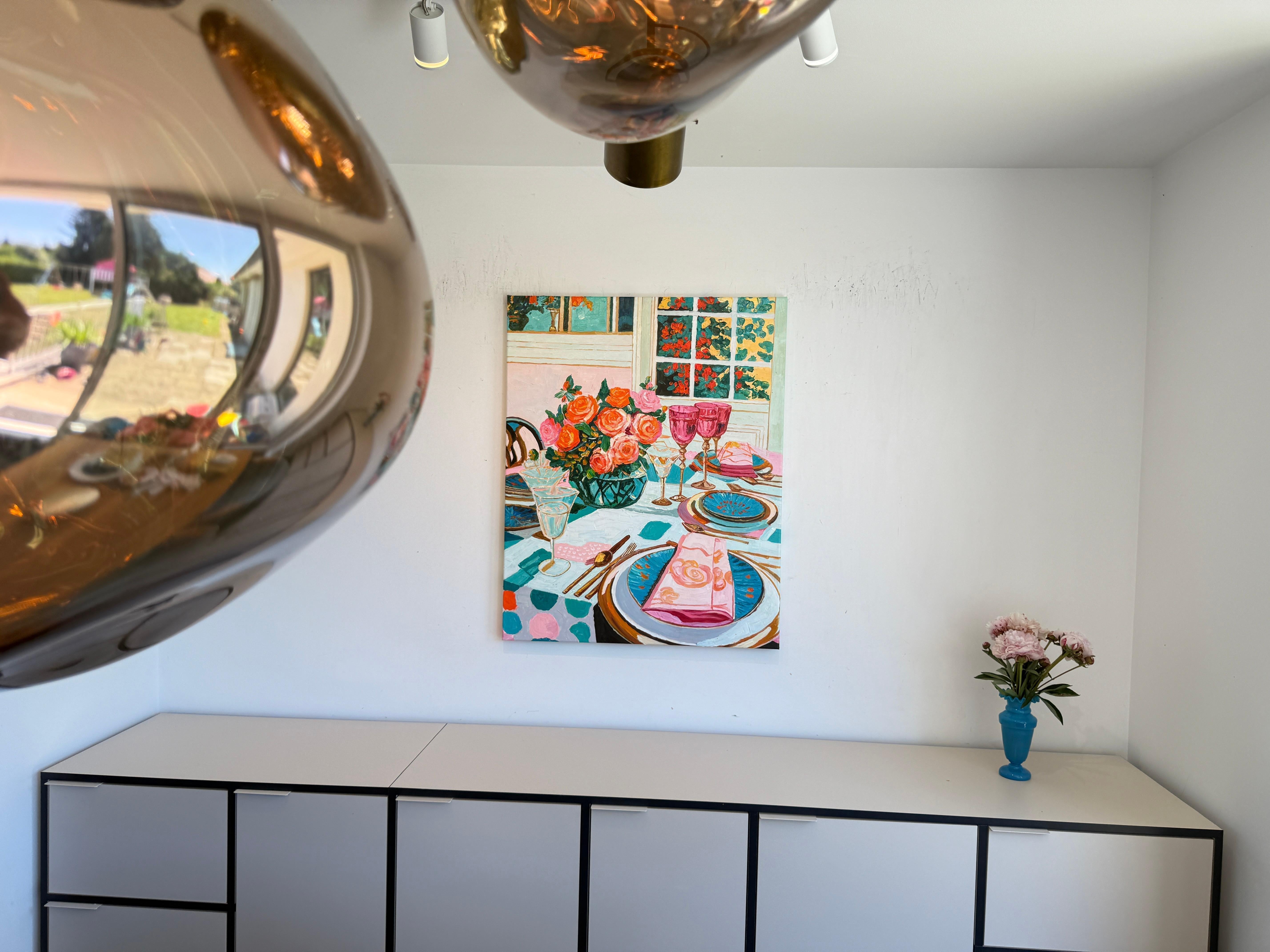 Lumière douce, vin doux - K.Husslein Impasto Flower Dinner Table Painting en vente 4