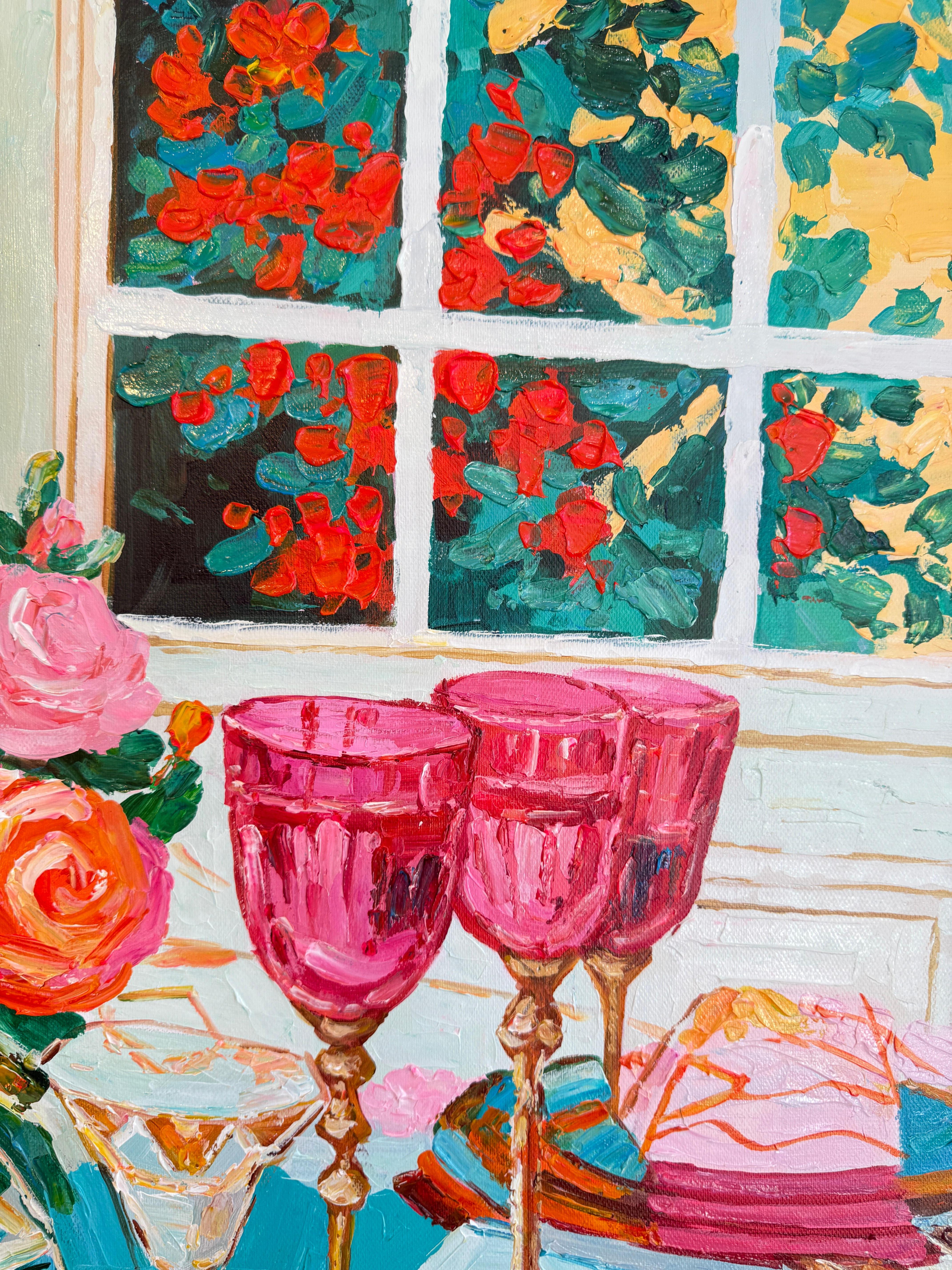 Lumière douce, vin doux - K.Husslein Impasto Flower Dinner Table Painting en vente 5