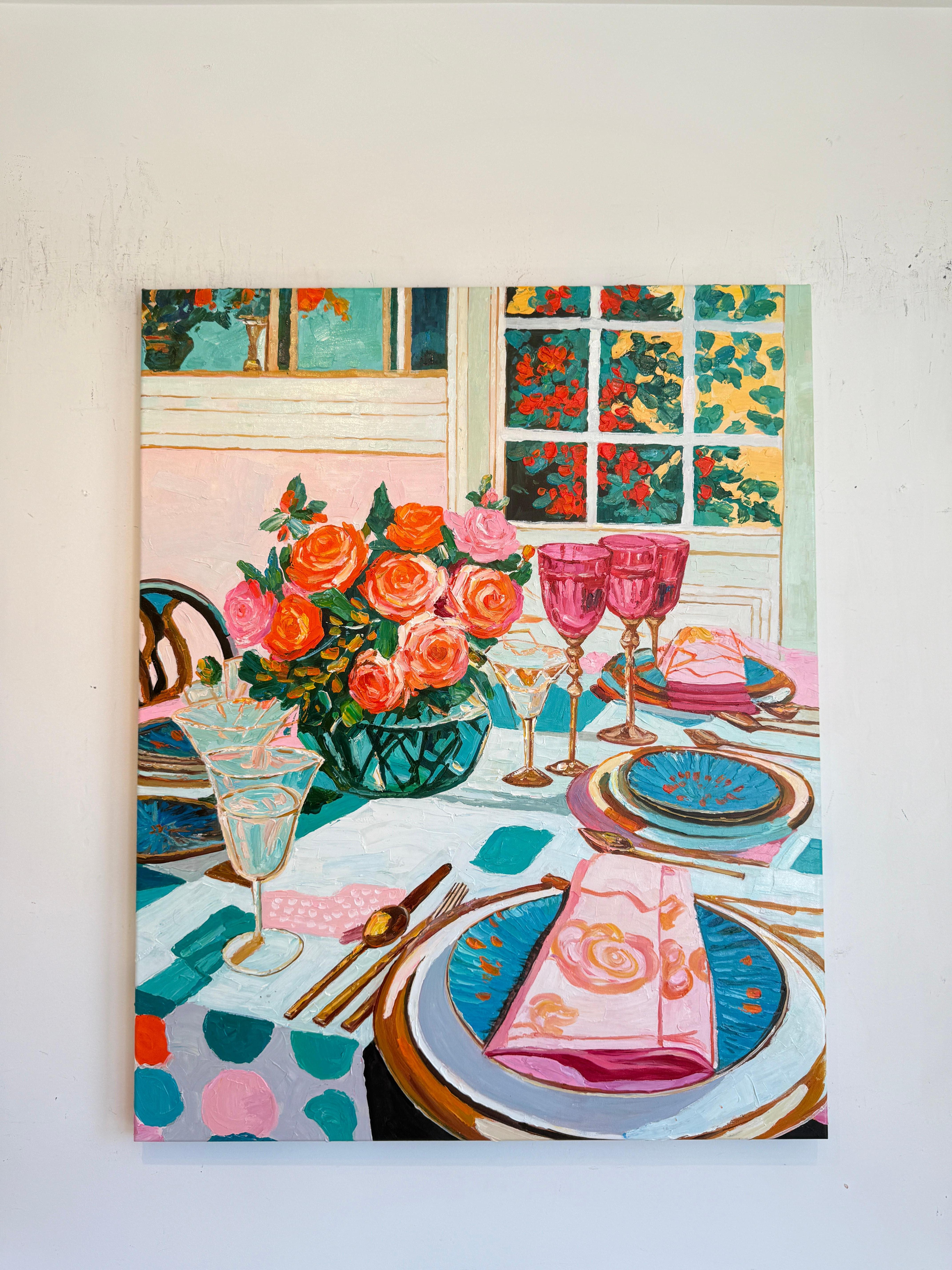 Lumière douce, vin doux - K.Husslein Impasto Flower Dinner Table Painting en vente 6