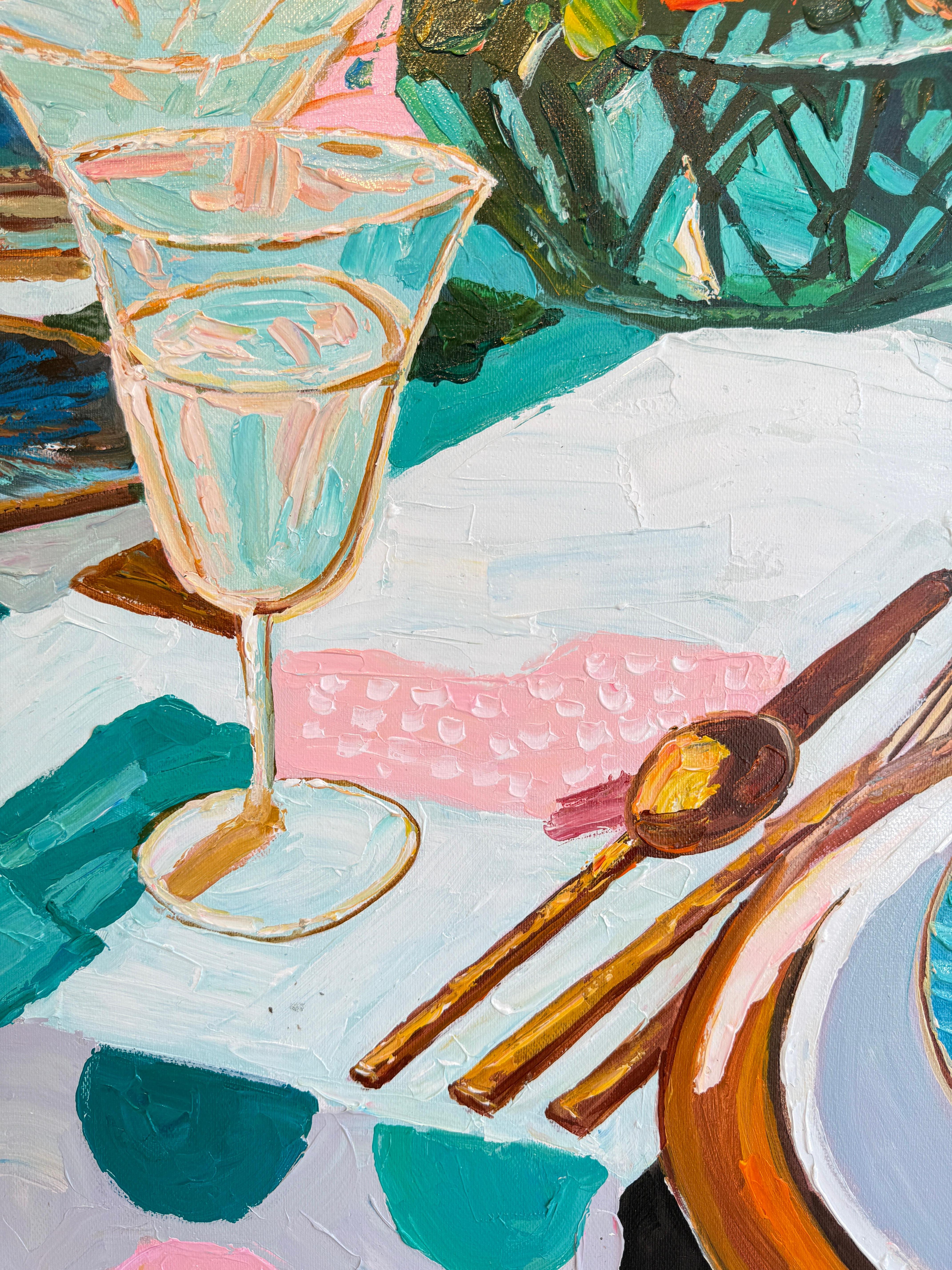 Lumière douce, vin doux - K.Husslein Impasto Flower Dinner Table Painting en vente 7