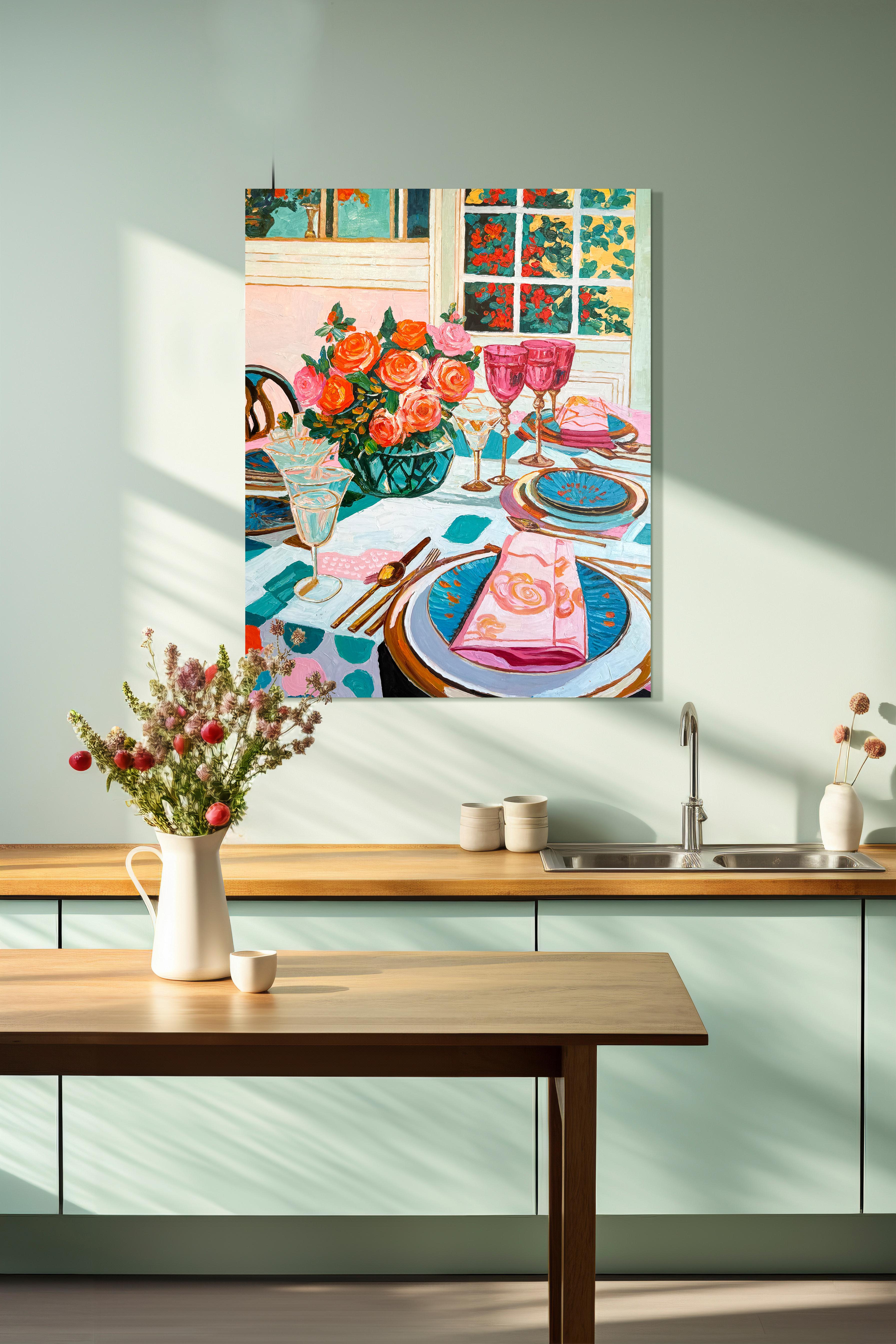 Lumière douce, vin doux - K.Husslein Impasto Flower Dinner Table Painting en vente 8