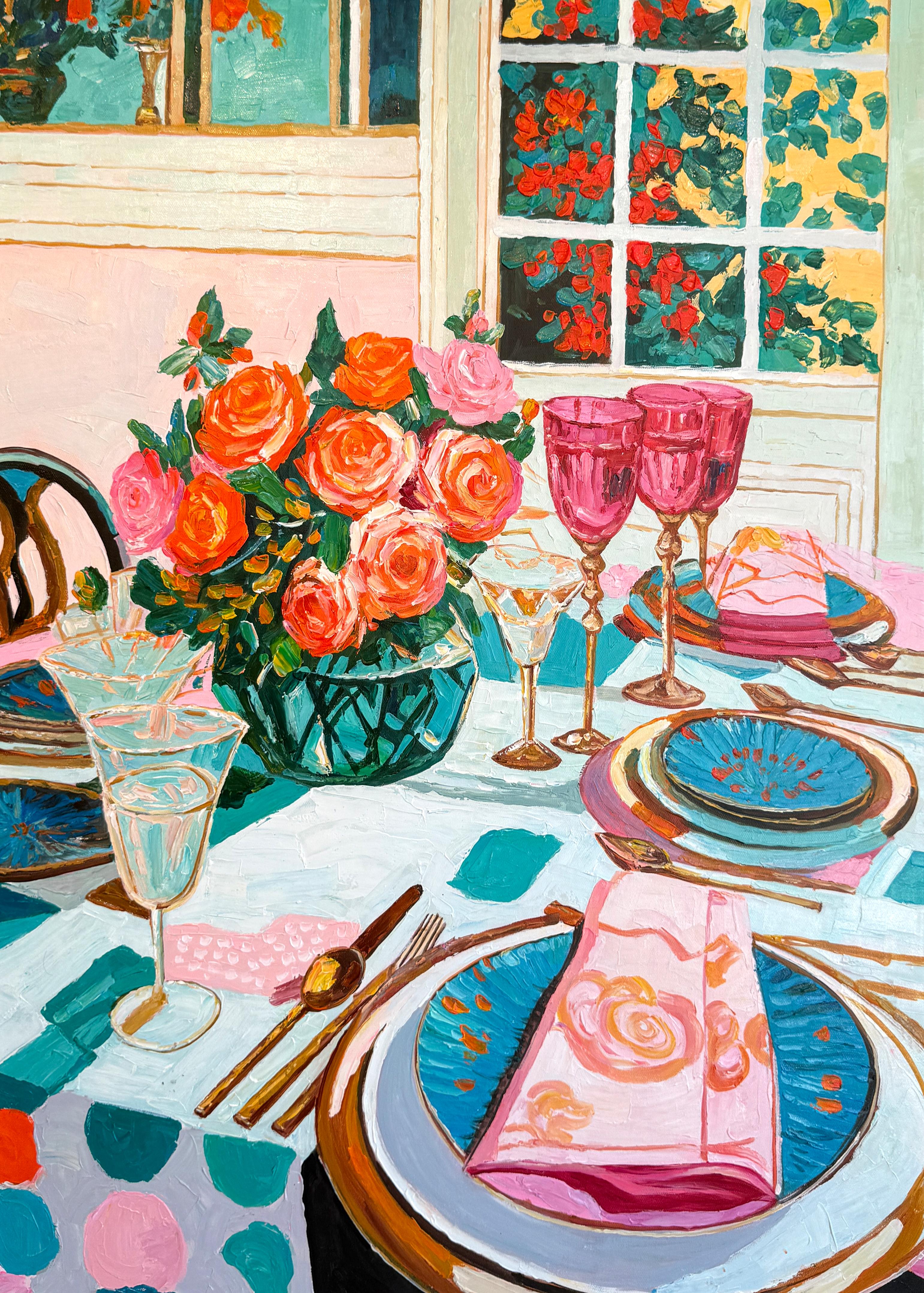 Lumière douce, vin doux - K.Husslein Impasto Flower Dinner Table Painting